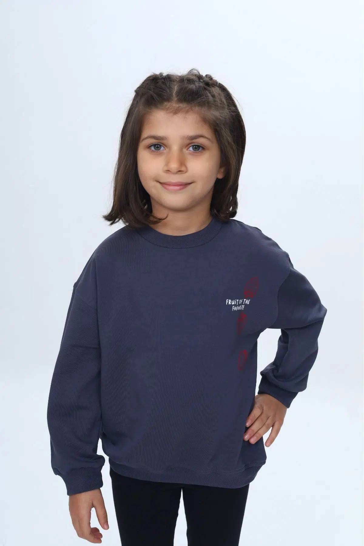 Toontoy Kız Çocuk Relax Fit Bisiklet Yaka Düşük Omuz Baskılı Sweatshirt - Füme