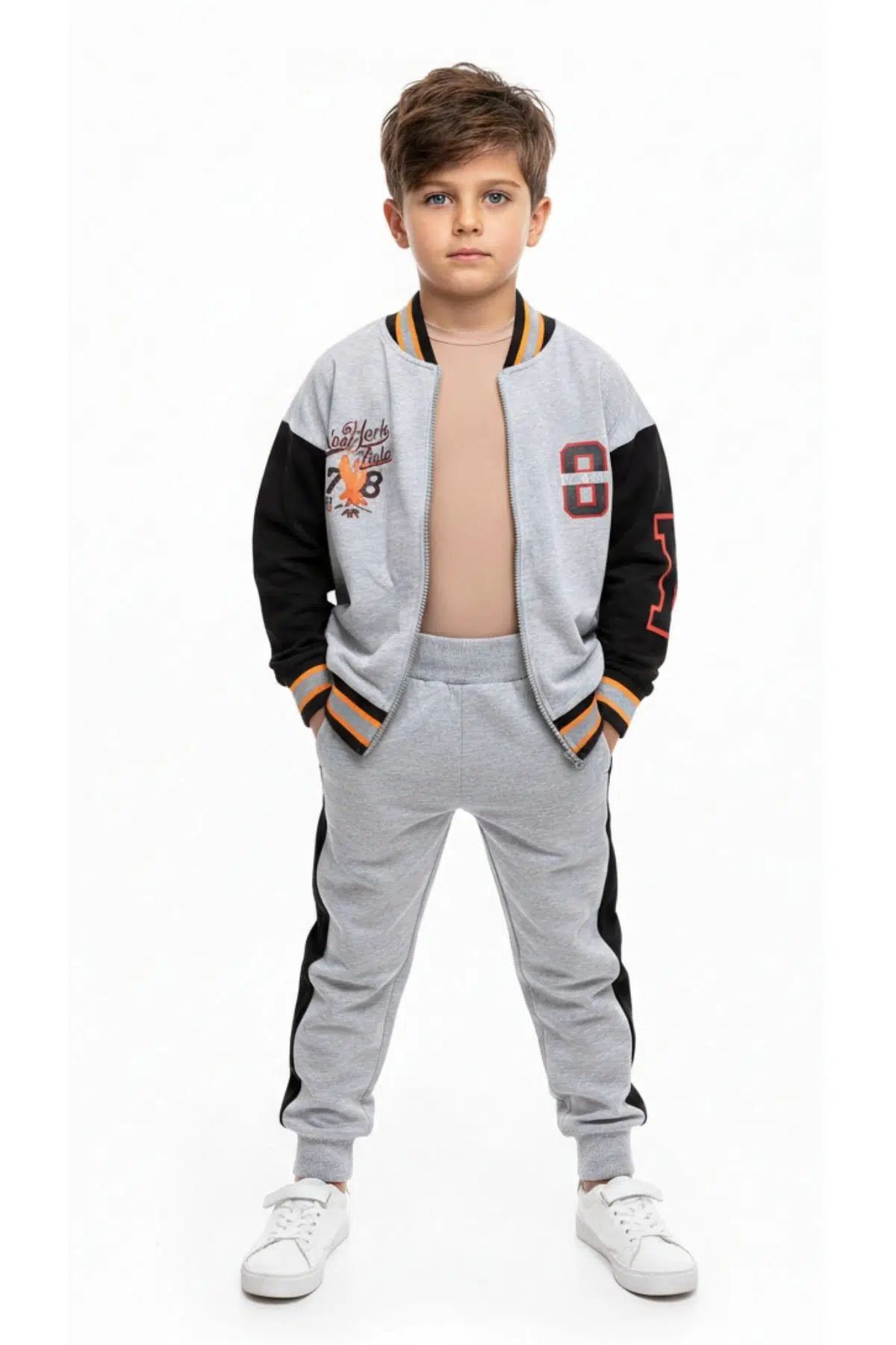 Toontoy Erkek Çocuk 2'li Takım Baskılı Kolej Yaka Fermuarlı Sweatshirt &amp; Beli Paçası Lastikli Jogger Eşofman Altı - Renk Bloklu &amp; 2 İplik - Gri Melanj