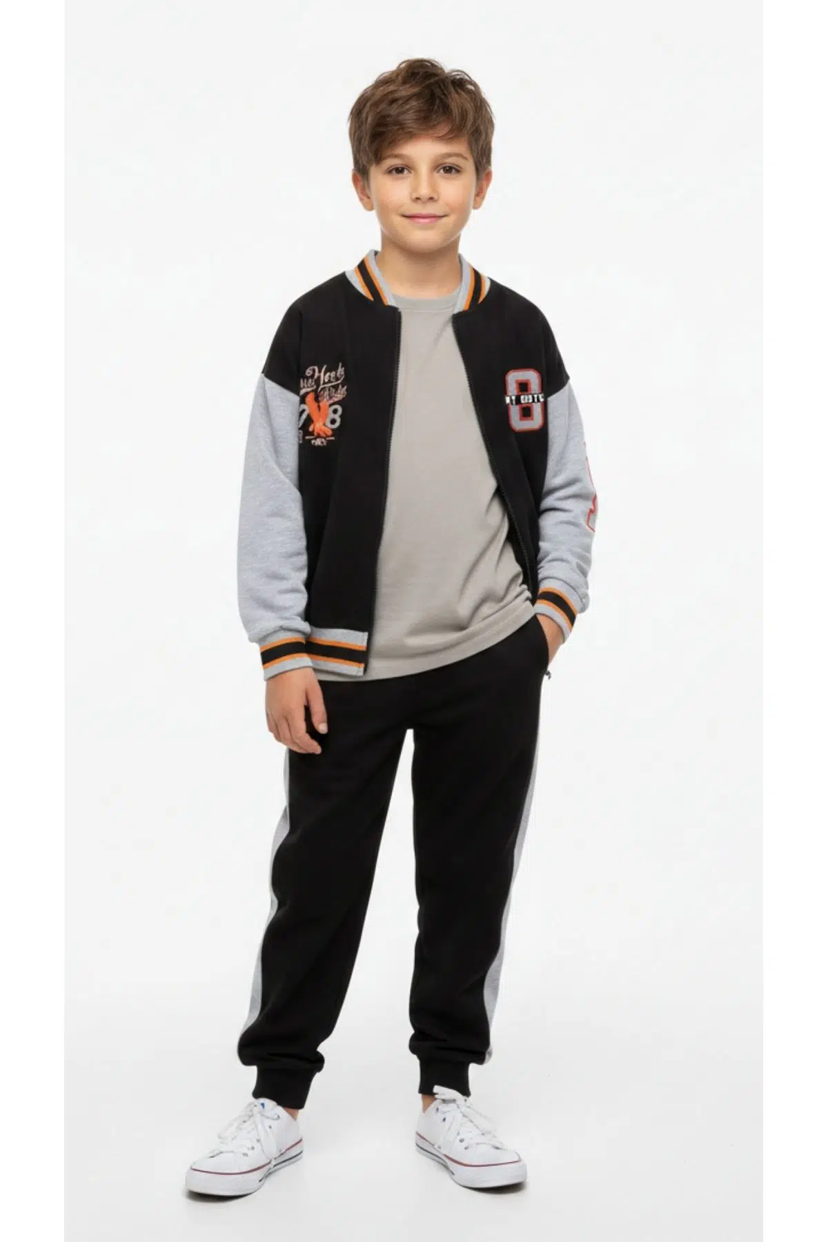 Toontoy Erkek Çocuk 2'li Takım Baskılı Kolej Yaka Fermuarlı Sweatshirt &amp; Beli Paçası Lastikli Jogger Eşofman Altı - Renk Bloklu &amp; 2 İplik - Siyah