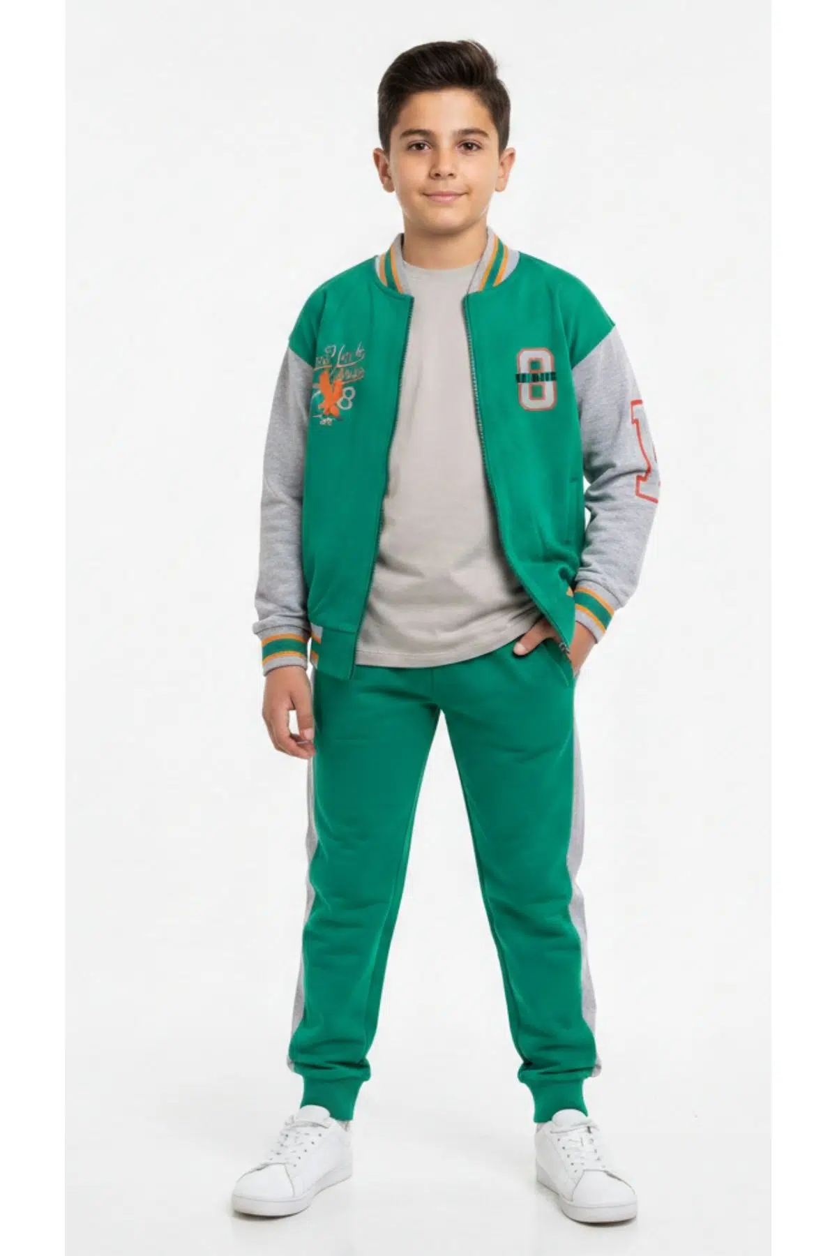 Toontoy Erkek Çocuk 2'li Takım Baskılı Kolej Yaka Fermuarlı Sweatshirt &amp; Beli Paçası Lastikli Jogger Eşofman Altı - Renk Bloklu &amp; 2 İplik - Yeşil