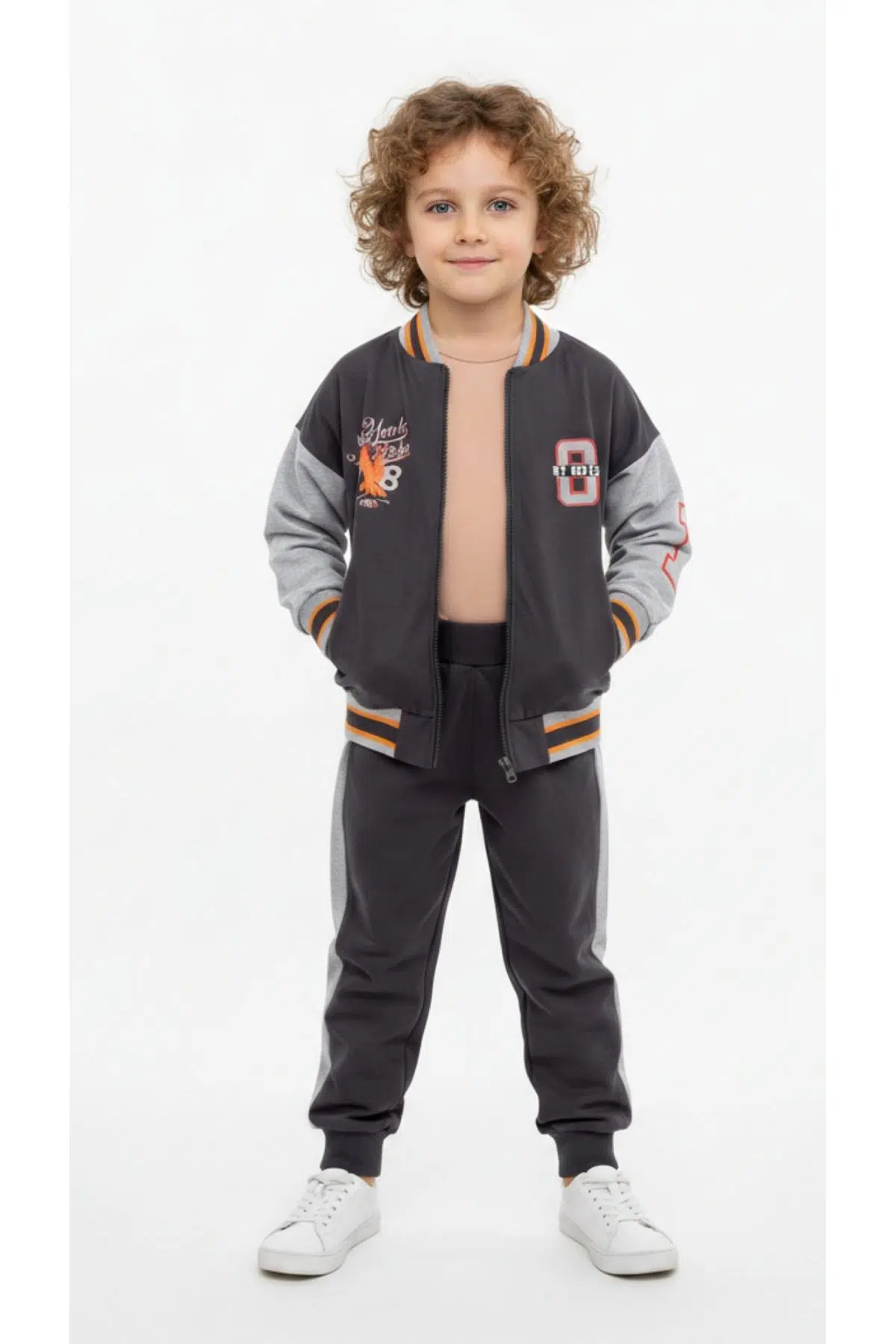 Toontoy Erkek Çocuk 2'li Takım Baskılı Kolej Yaka Fermuarlı Sweatshirt &amp; Beli Paçası Lastikli Jogger Eşofman Altı - Renk Bloklu &amp; 2 İplik - Füme