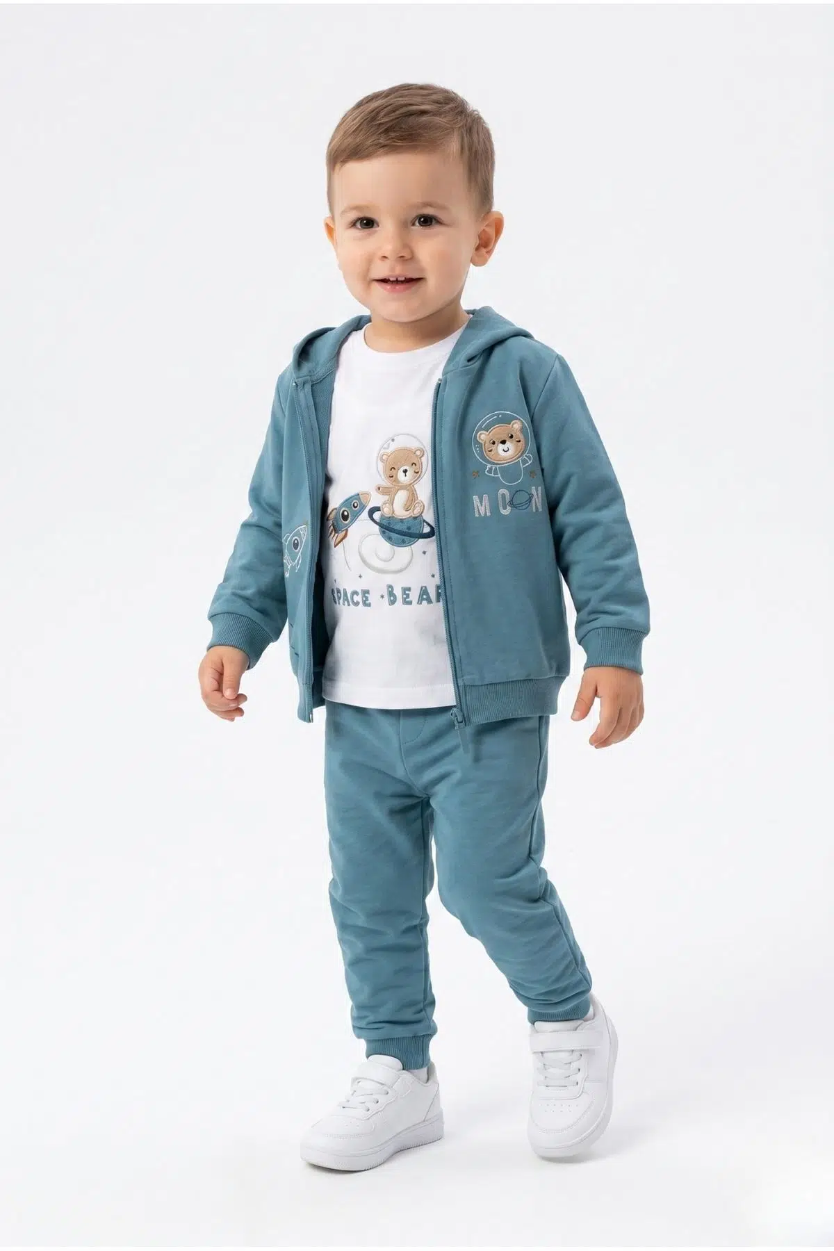 Toontoy Erkek Çocuk 3'lü Eşofman Takımı Uzun Kollu Bisiklet Yaka Nakışlı T-shirt - Kapüşonlu Fermuarlı Hırka- Beli Paçası Lastikli Eşofman Altı 25045 - Mavi