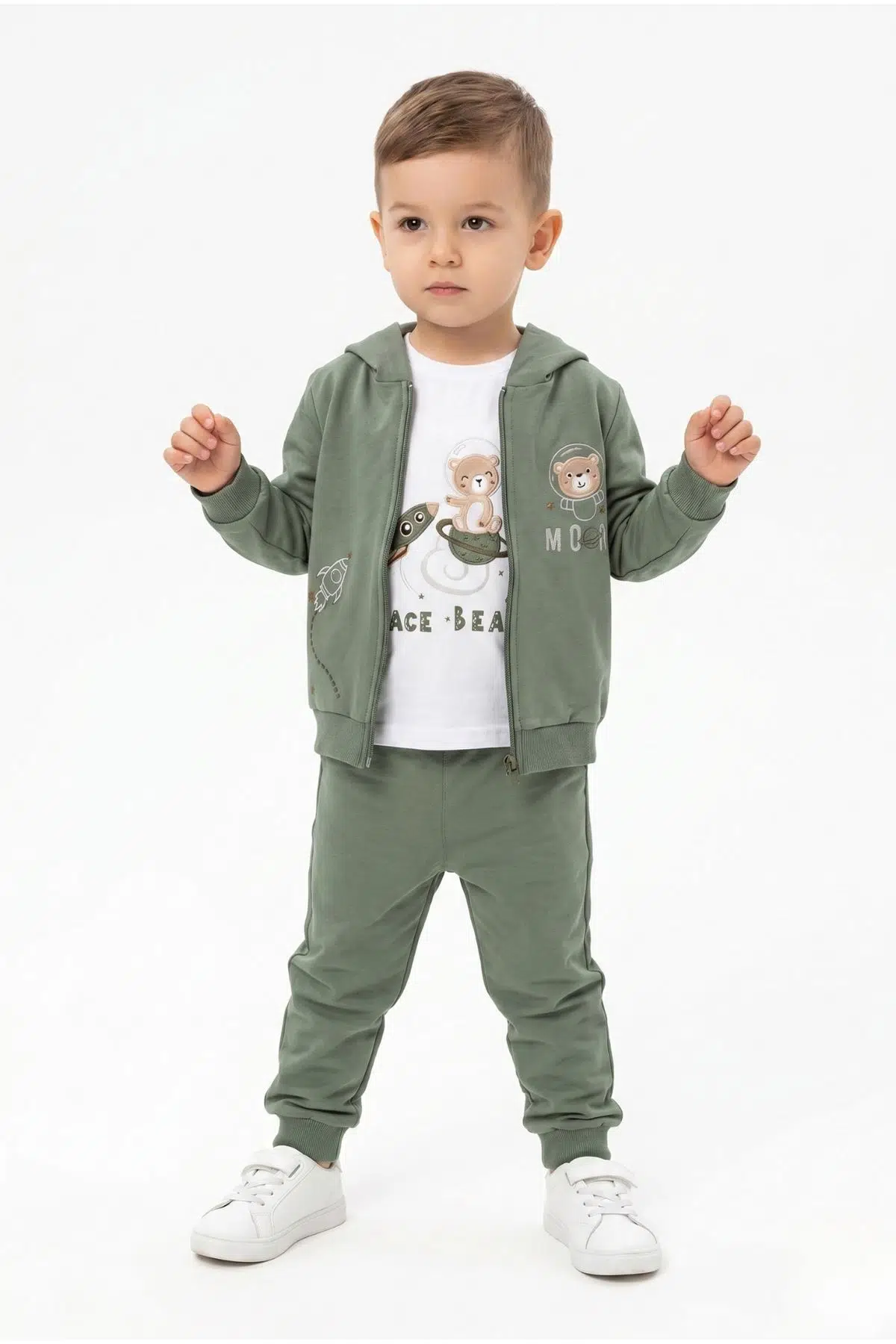 Toontoy Erkek Çocuk 3'lü Eşofman Takımı Uzun Kollu Bisiklet Yaka Nakışlı T-shirt - Kapüşonlu Fermuarlı Hırka- Beli Paçası Lastikli Eşofman Altı 25045 - Yeşil