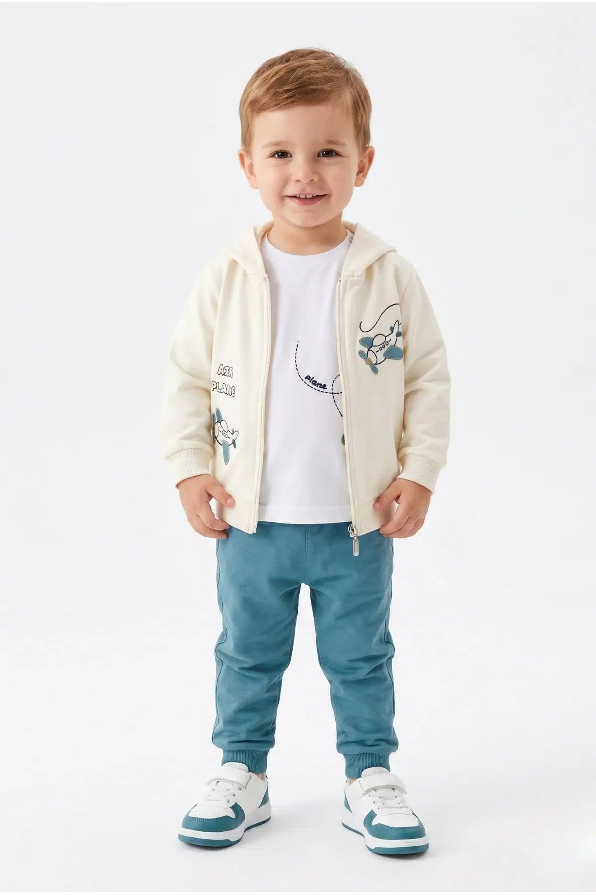 Toontoy Erkek Çocuk 3'lü Eşofman Takımı Uzun Kollu Bisiklet Yaka Nakışlı T-shirt - Kapüşonlu Fermuarlı Hırka- Beli Paçası Lastikli Eşofman Altı 25052 - Mavi