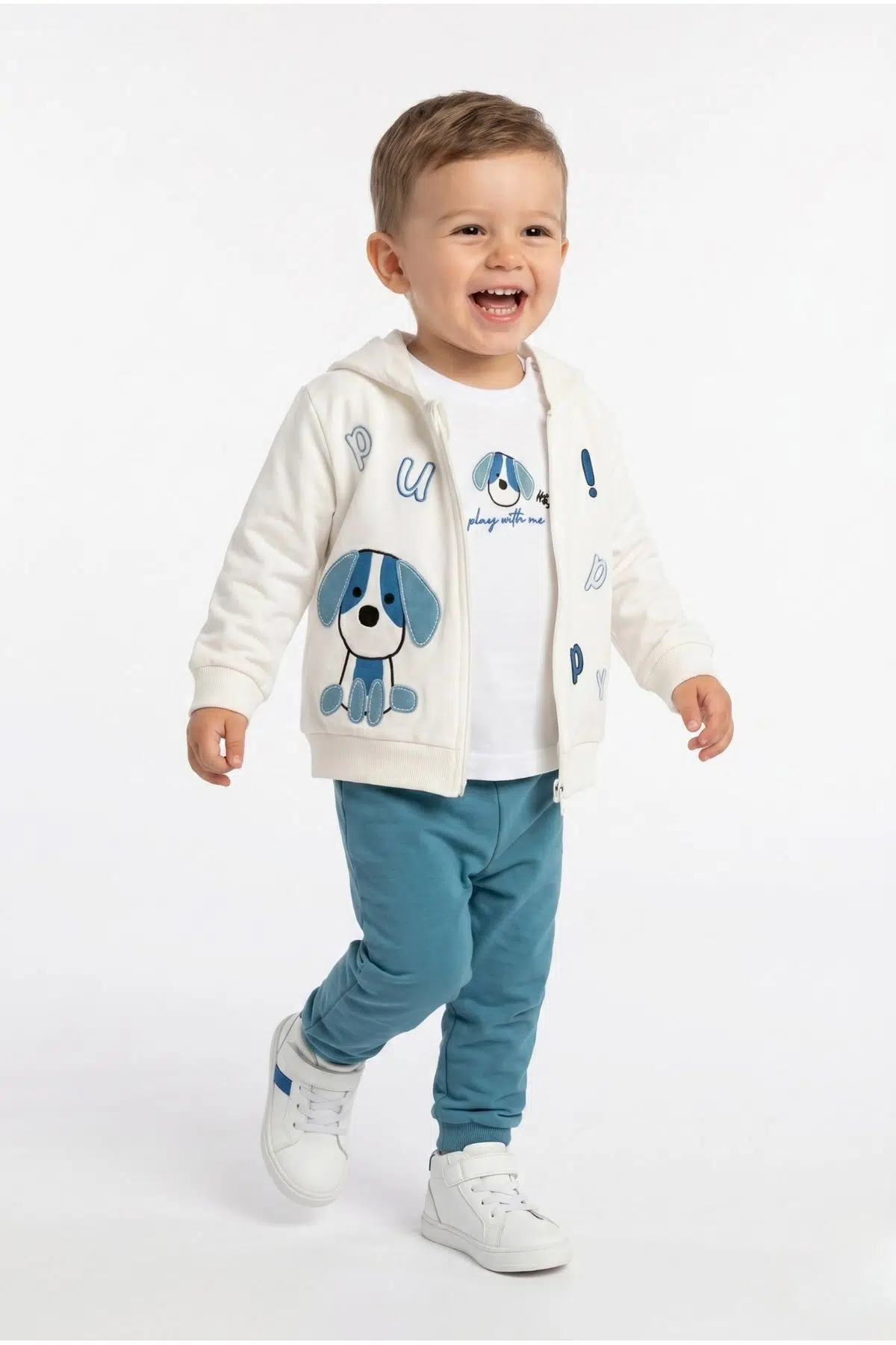 Toontoy Erkek Çocuk 3'lü Eşofman Takımı Uzun Kollu Bisiklet Yaka Nakışlı T-shirt - Kapüşonlu Fermuarlı Hırka- Beli Paçası Lastikli Eşofman Altı 25043 - Mavi