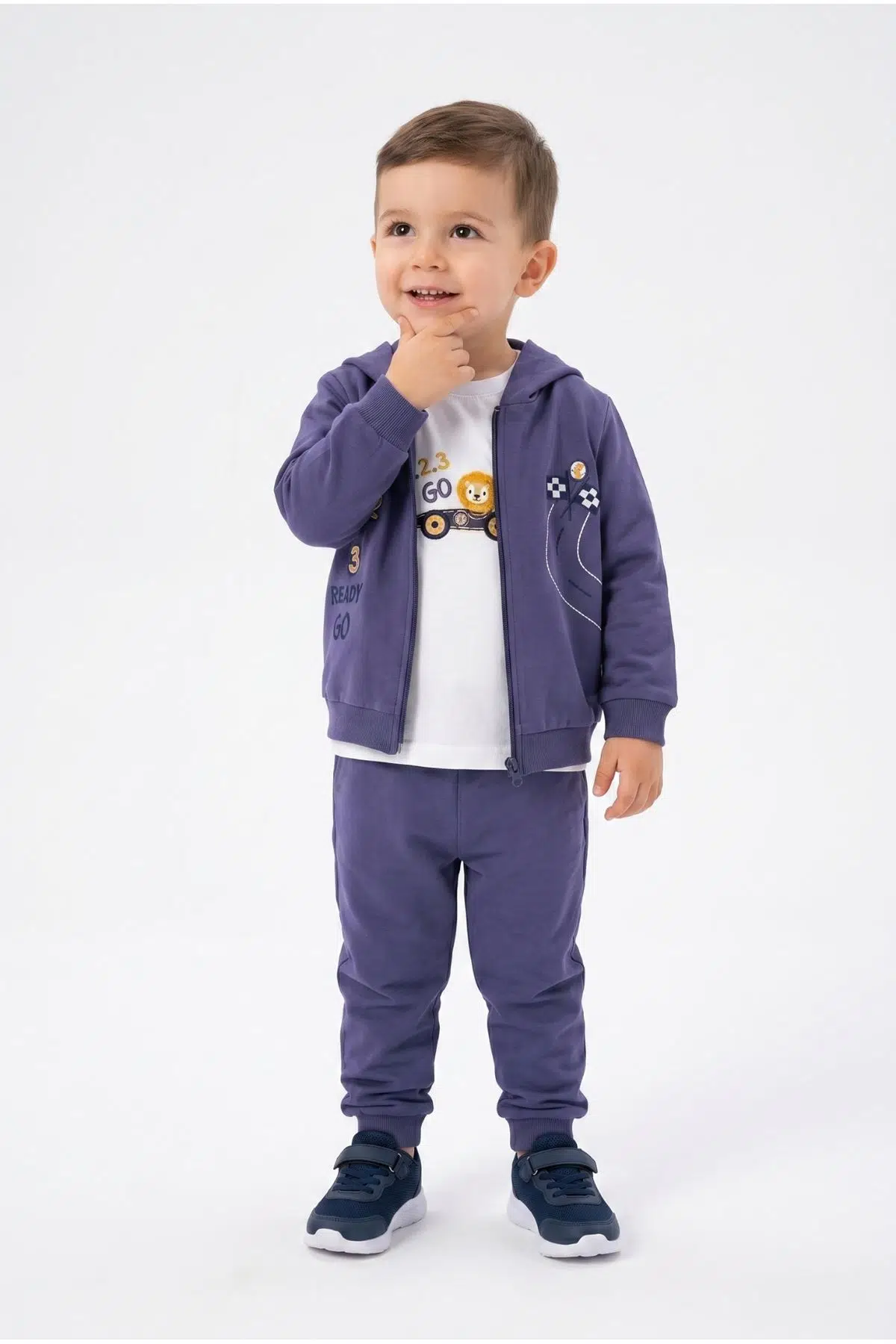 Toontoy Erkek Çocuk 3'lü Eşofman Takımı Uzun Kollu Bisiklet Yaka Nakışlı T-shirt - Kapüşonlu Fermuarlı Hırka- Beli Paçası Lastikli Eşofman Altı 25044 - İndigo