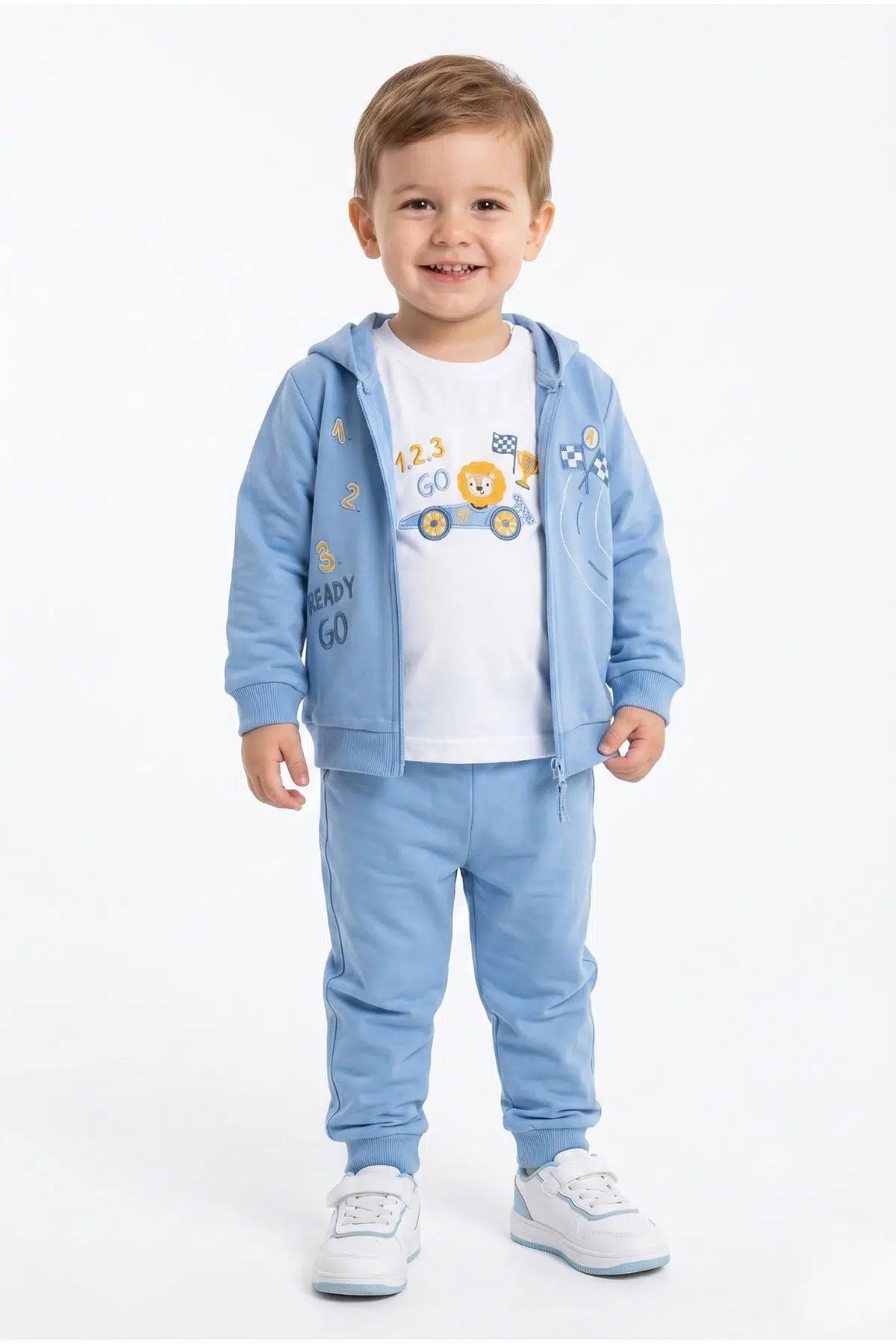 Toontoy Erkek Çocuk 3'lü Eşofman Takımı Uzun Kollu Bisiklet Yaka Nakışlı T-shirt - Kapüşonlu Fermuarlı Hırka- Beli Paçası Lastikli Eşofman Altı 25044 - Mavi