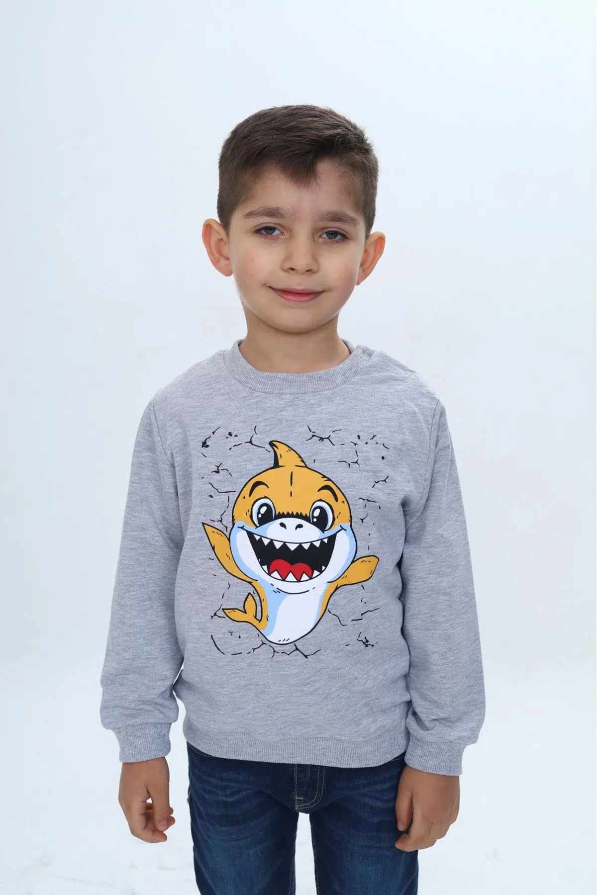 Toontoy Erkek Çocuk Çıtçıtlı Köpek Balığı Baskılı Sweatshirt - Gri Melanj
