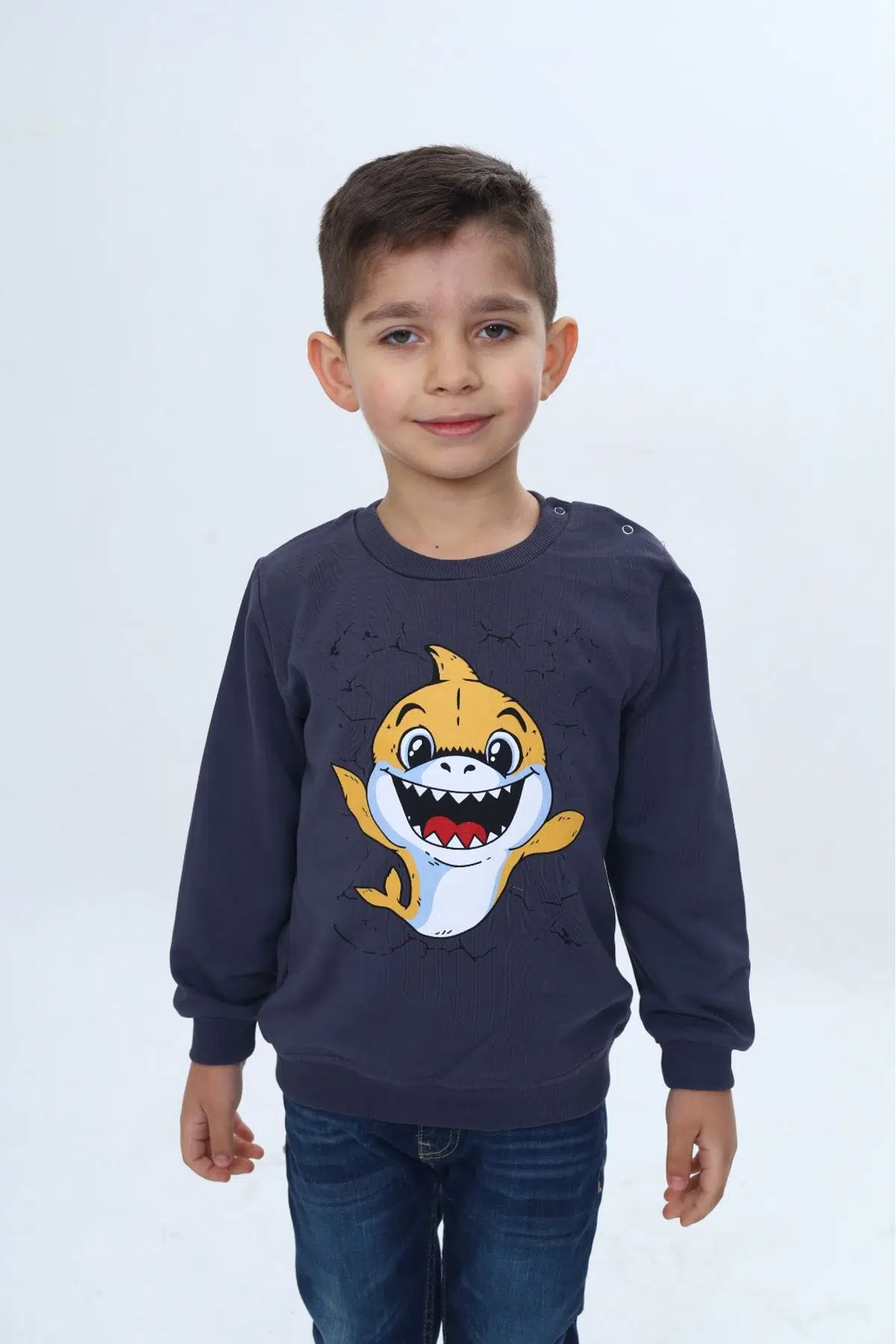 Toontoy Erkek Çocuk Çıtçıtlı Köpek Balığı Baskılı Sweatshirt - Füme