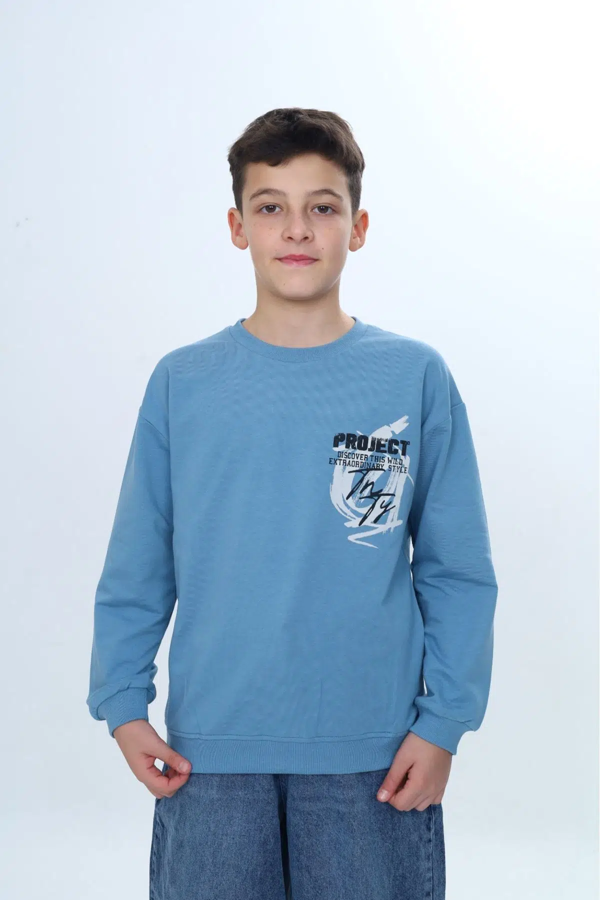 Toontoy Erkek Çocuk Bisiklet Yaka Beli Eteği Lastik Baskılı Sweatshirt 24957 - Mavi