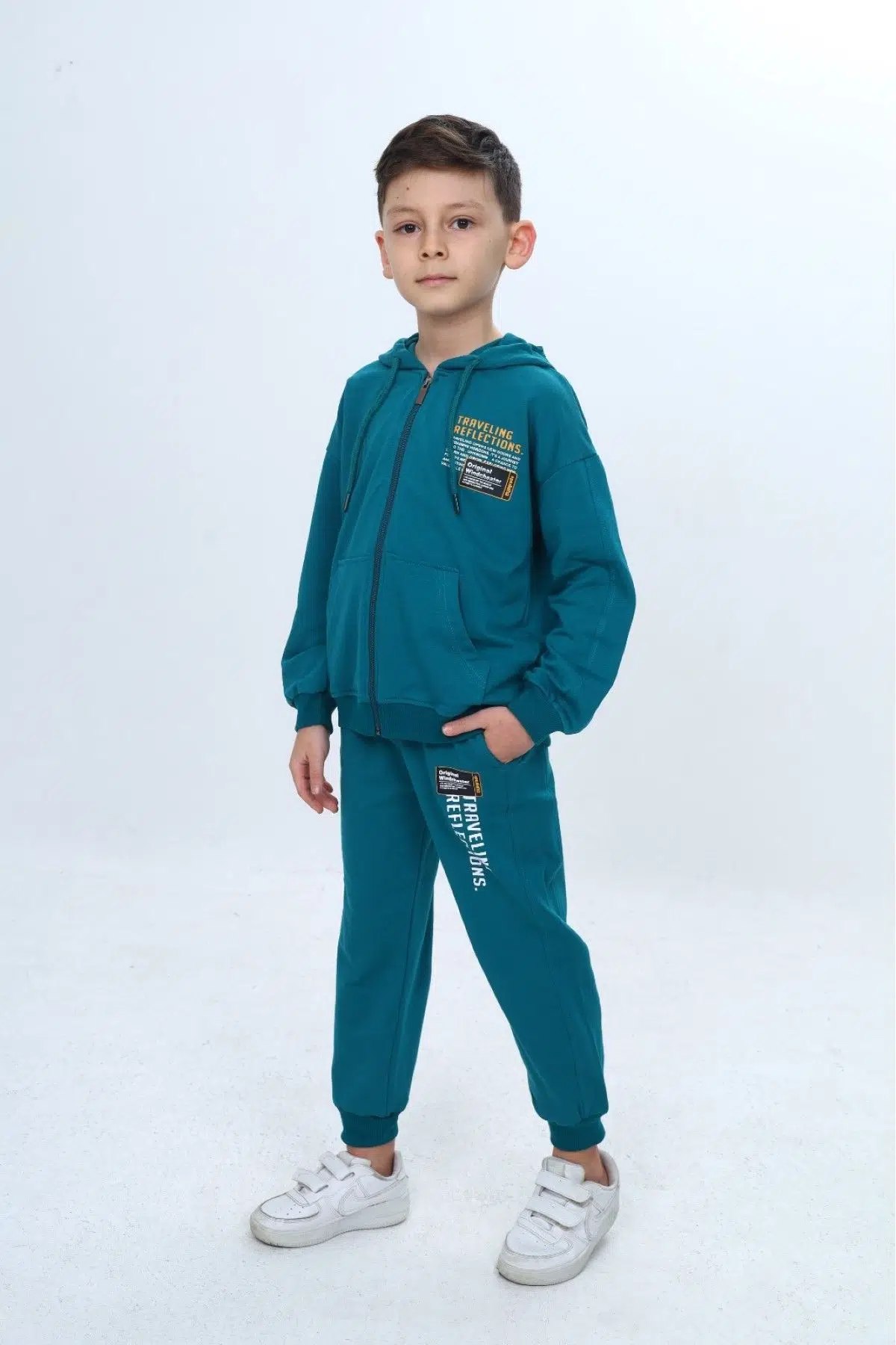 Toontoy Erkek Çocuk 2'li Takım Baskılı Kapüşonlu Fermuarlı Sweatshirt &amp; Beli Paçası Lastikli Cepli Jogger Eşofman Altı - 2 İplik 24967 - Petrol Mavi