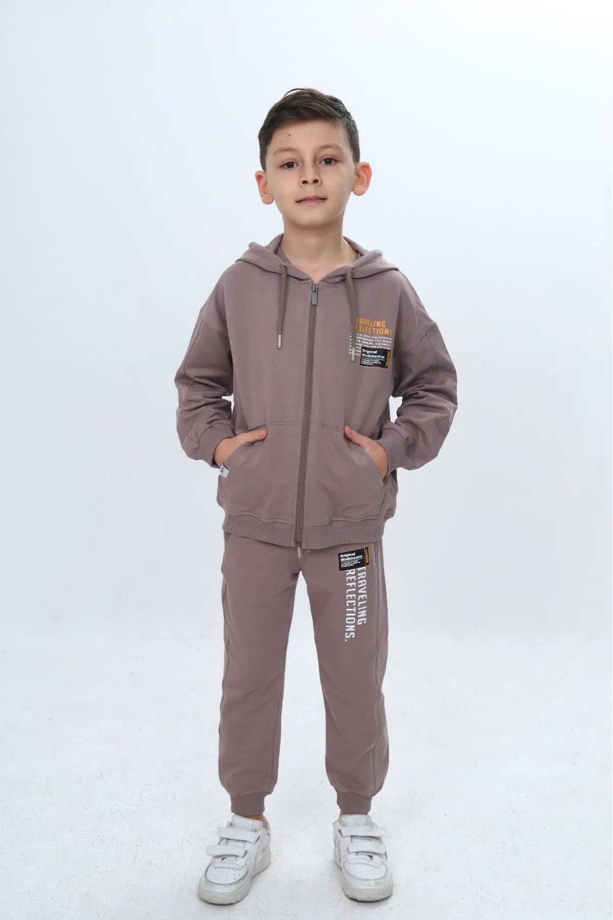 Toontoy Erkek Çocuk 2'li Takım Baskılı Kapüşonlu Fermuarlı Sweatshirt &amp; Beli Paçası Lastikli Cepli Jogger Eşofman Altı - 2 İplik 24967 - Acı Kahve