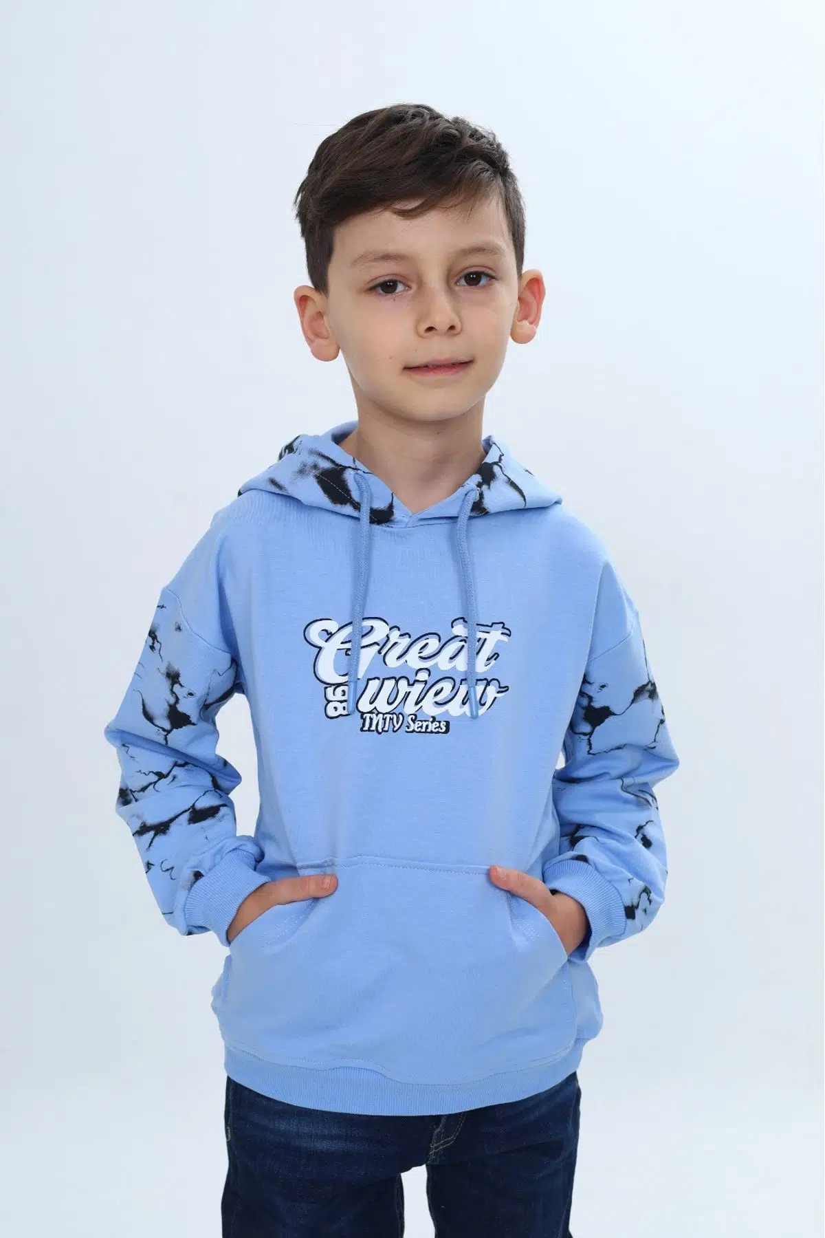 Toontoy Erkek Çocuk Oversize Kapüşonlu Cepli Düşük Omuz Baskılı Sweatshirt - 2 İplik 24958 - Mavi