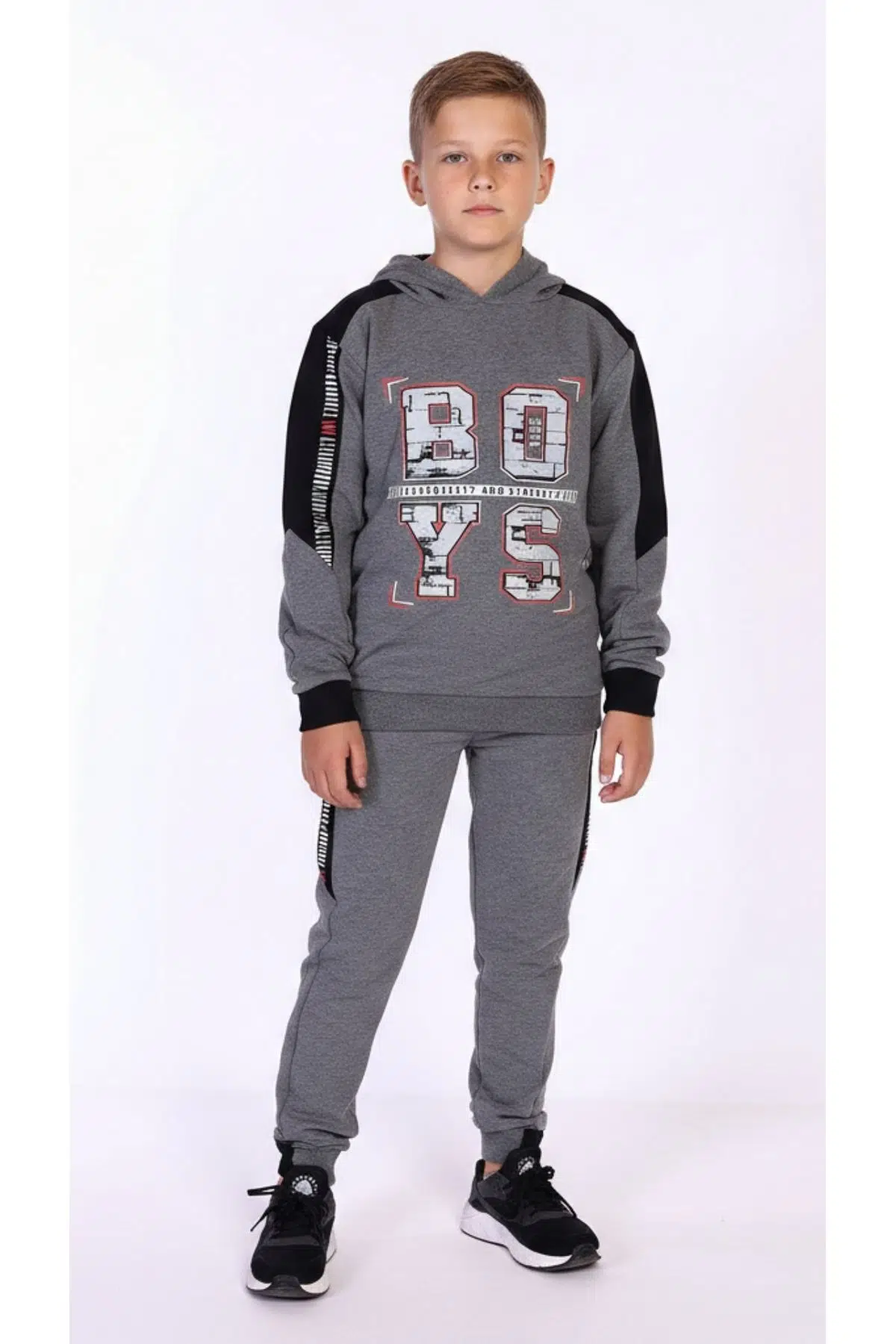 Toontoy Erkek Çocuk 2li Eşofman Takımı Kapüşonlu Baskılı Sweatshirt - Beli Paçası Lastikli Eşofman Altı 13796 - Antrasit Melanj