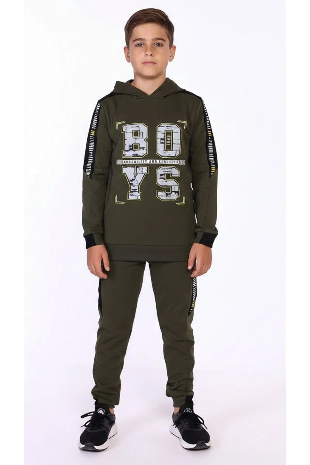 Toontoy Erkek Çocuk 2li Eşofman Takımı Kapüşonlu Baskılı Sweatshirt - Beli Paçası Lastikli Eşofman Altı 13796 - Haki
