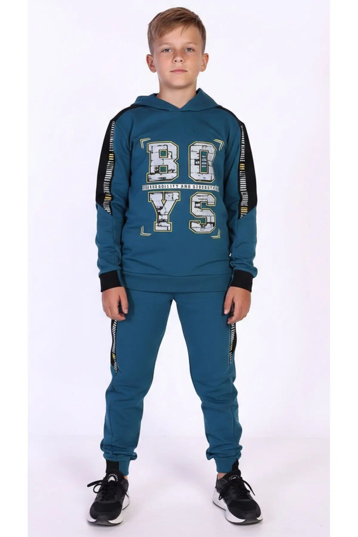 Toontoy Erkek Çocuk 2li Eşofman Takımı Kapüşonlu Baskılı Sweatshirt - Beli Paçası Lastikli Eşofman Altı 13796 - Petrol Mavi