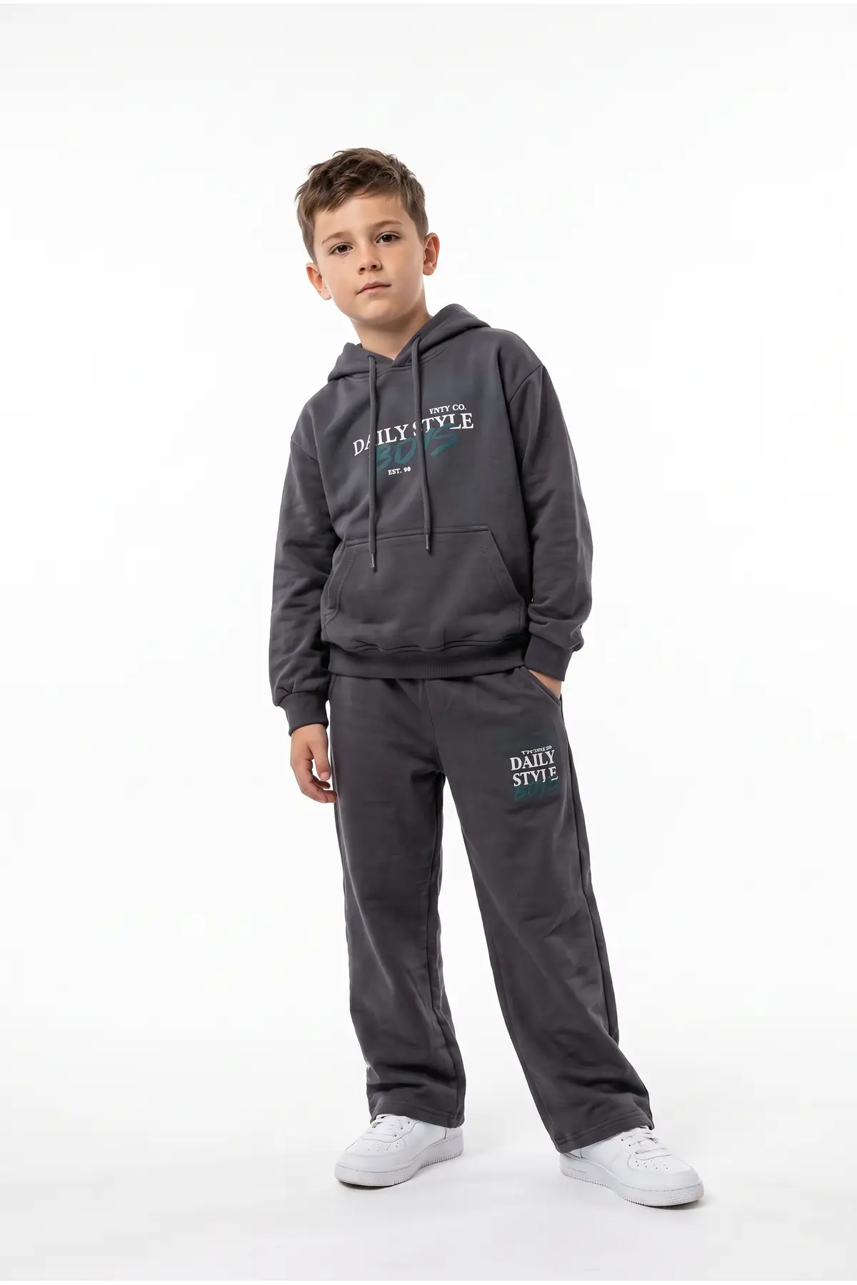Toontoy Erkek Çocuk Kapüşonlu Daıly Style Boys Baskılı Eşofman Takım - Füme