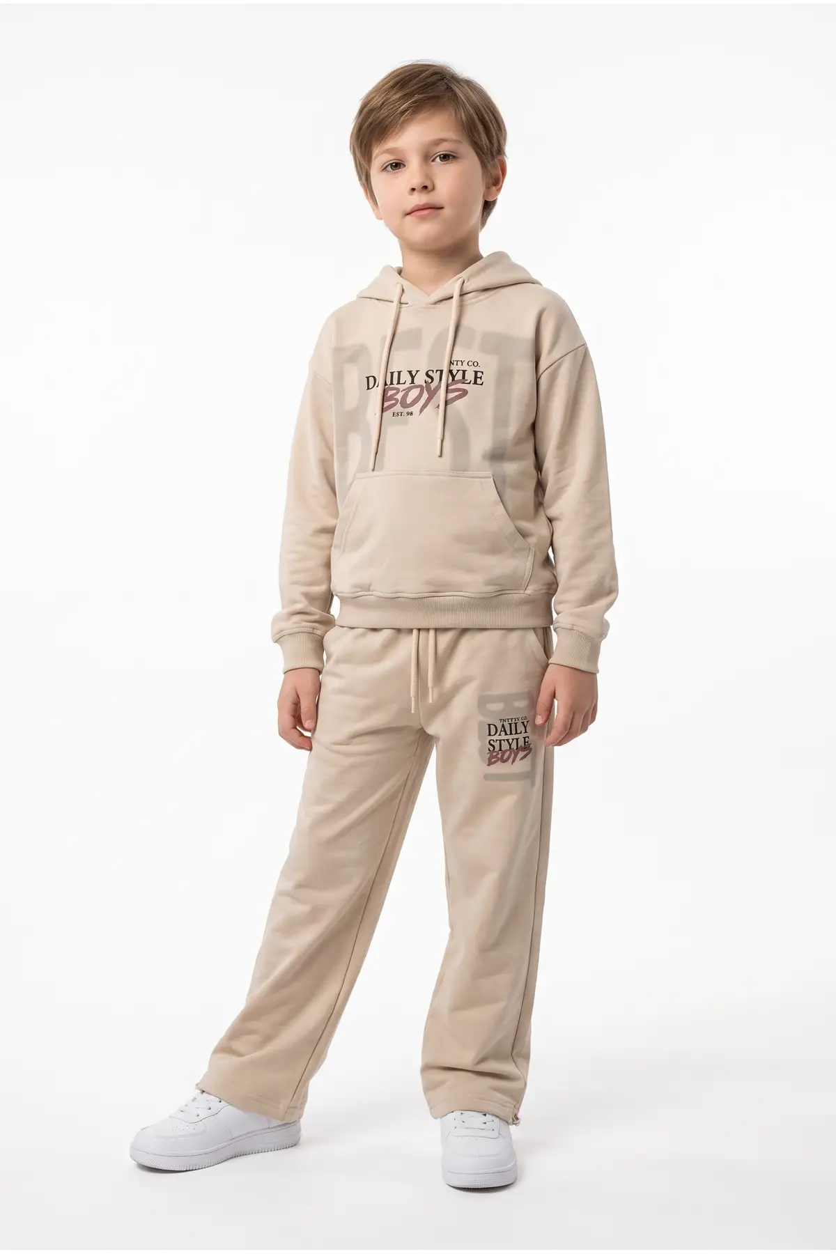 Toontoy Erkek Çocuk Kapüşonlu Daıly Style Boys Baskılı Eşofman Takım - Bej