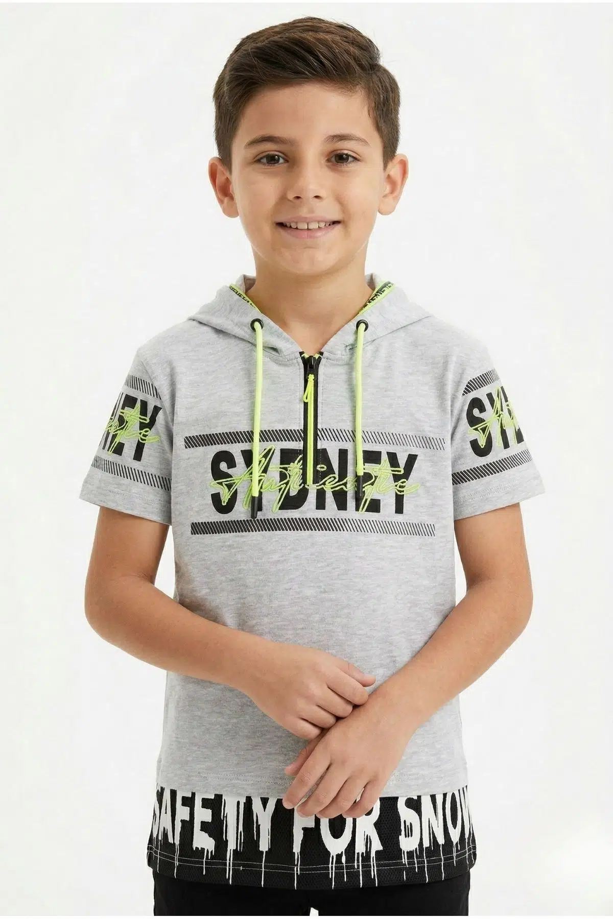Toontoy Erkek Çocuk Kapüşonlu Garni Detaylı Tişört - Gri Melanj