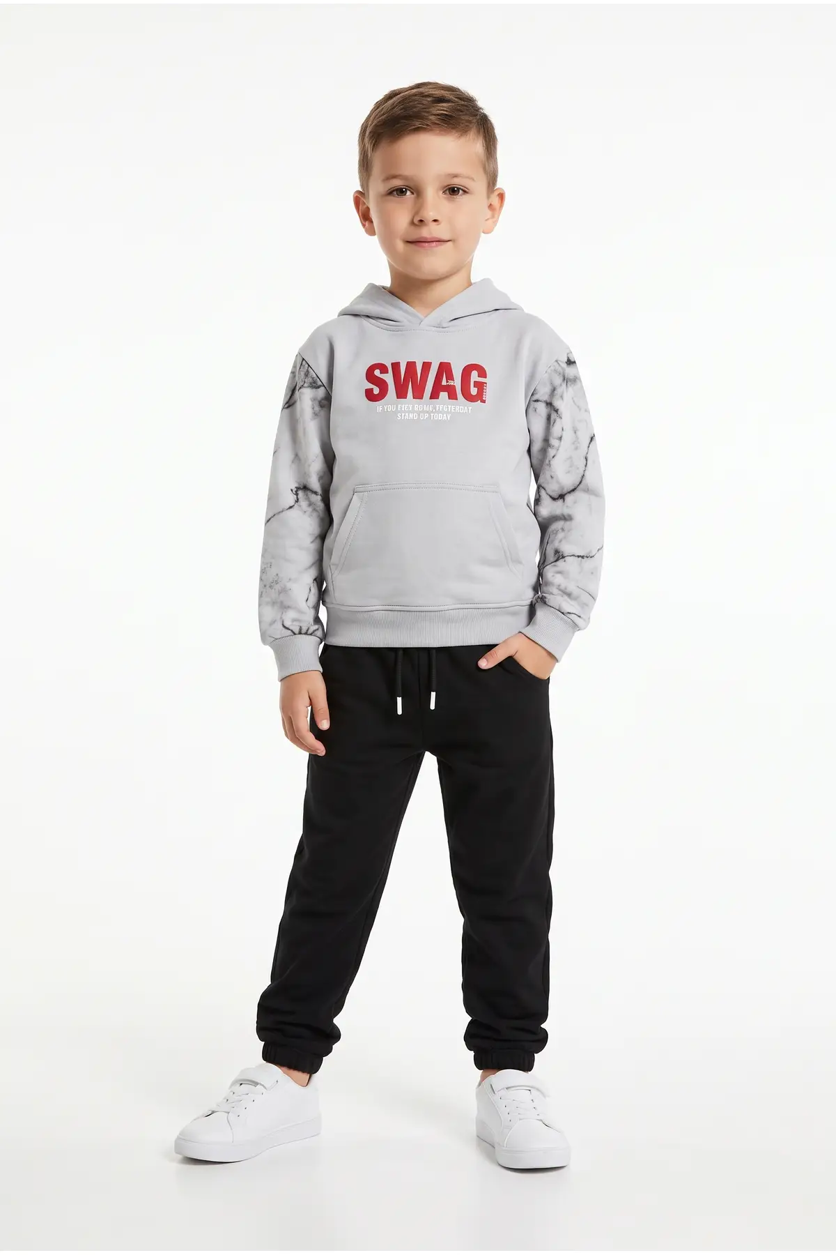 Toontoy Erkek Çocuk Kapüşonlu Swag Baskılı Eşofman Takım - Gri