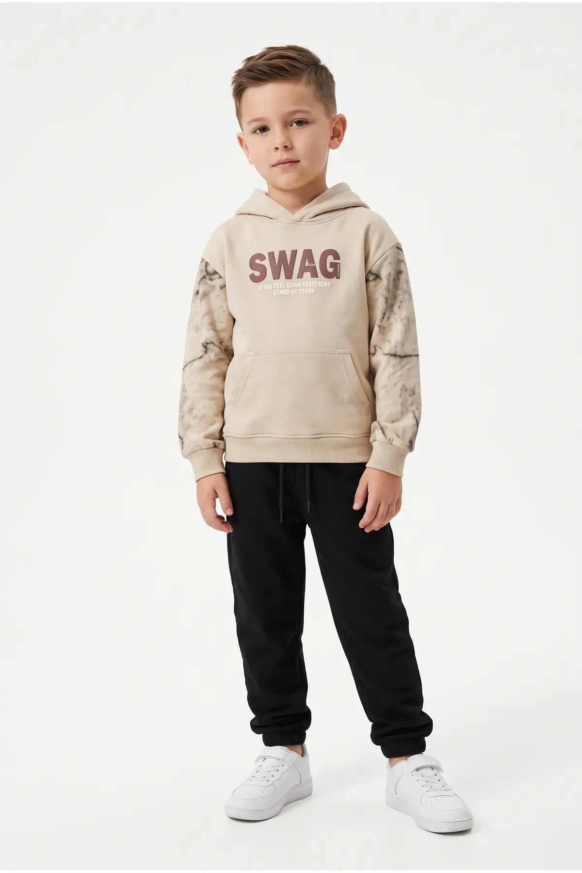 Toontoy Erkek Çocuk Kapüşonlu Swag Baskılı Eşofman Takım - Bej