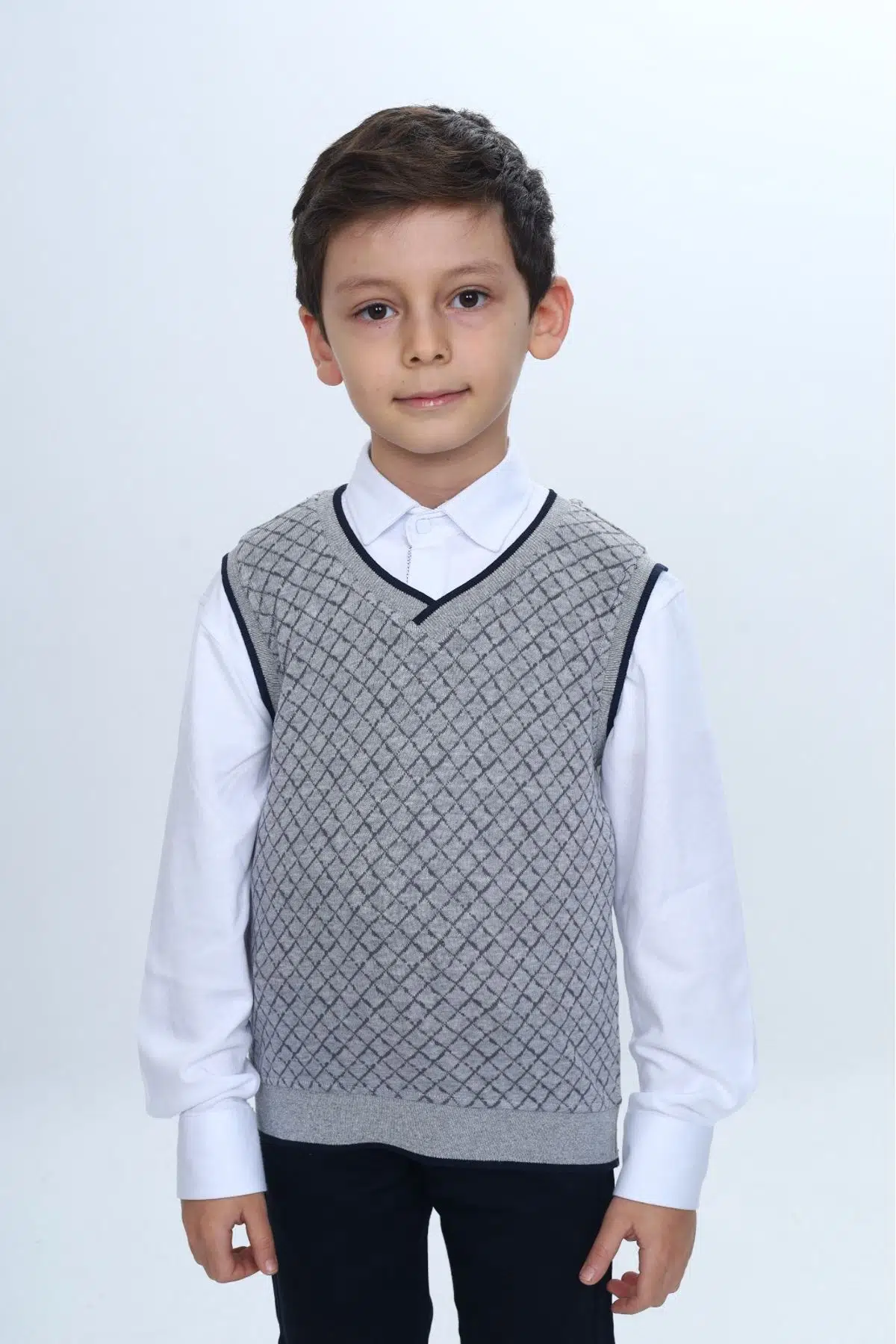 Toontoy Erkek Çocuk Regular Fit V Yaka Kare Desenli Okul Süveter - Garni & 2 İplik - Gri