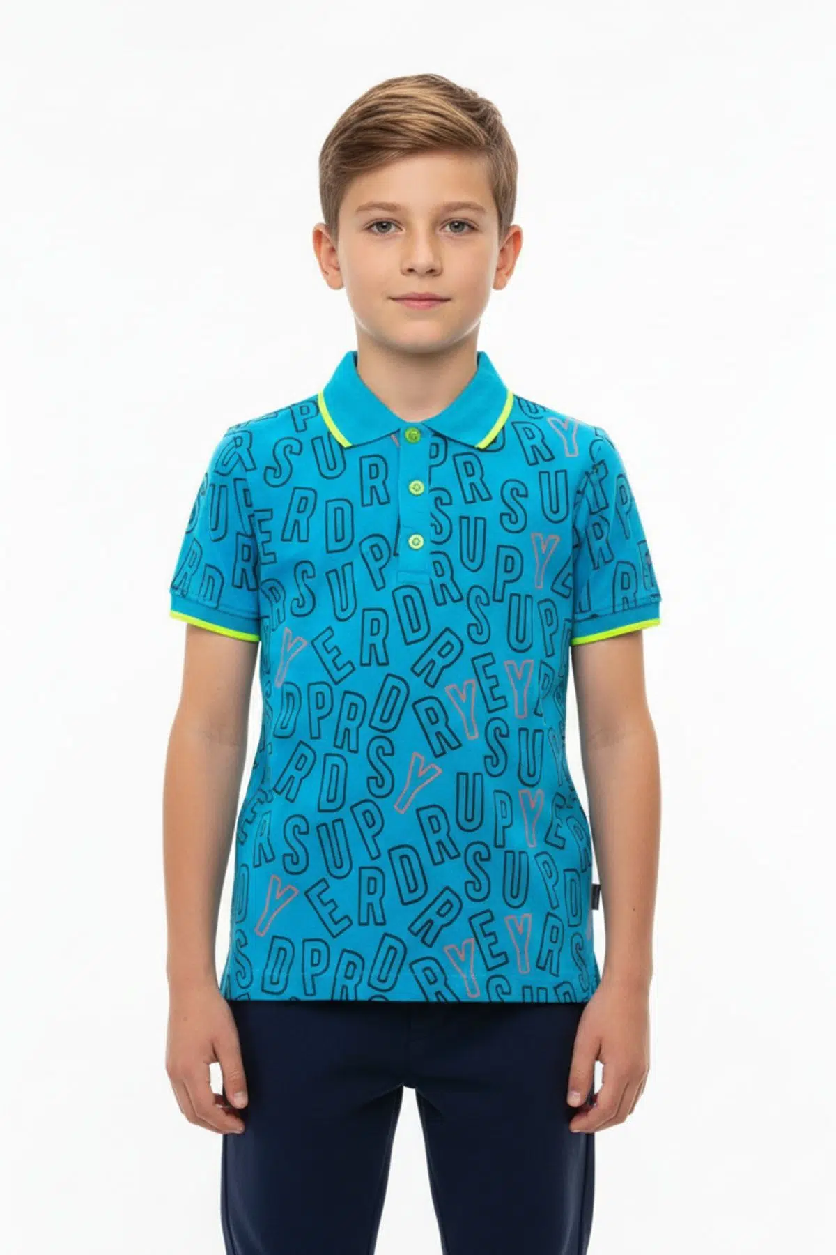 Toontoy Erkek Çocuk Baskılı Polo Yaka Düğmeli Kısa Kollu Tişört 22313 - Saks