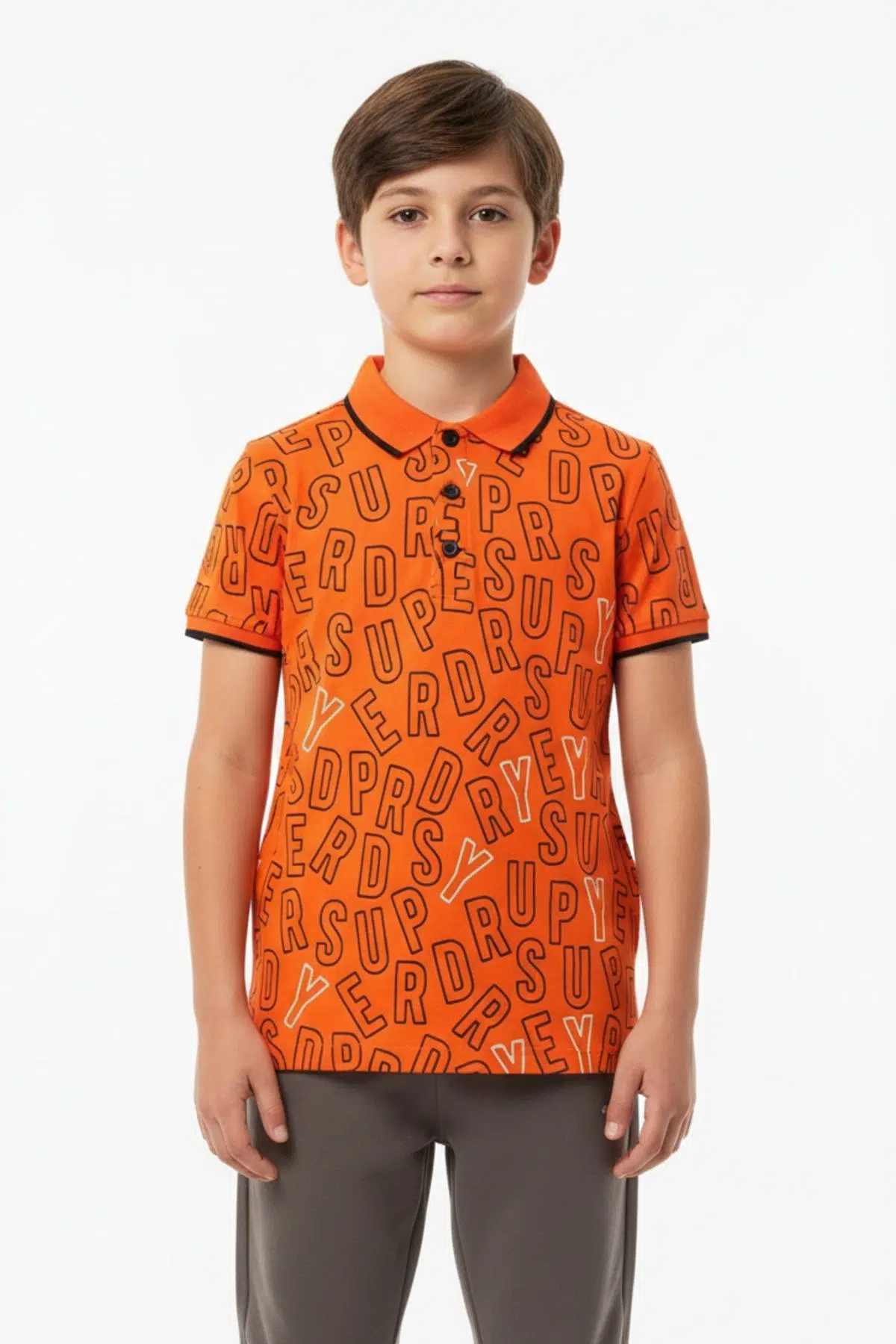 Toontoy Erkek Çocuk Baskılı Polo Yaka Düğmeli Kısa Kollu Tişört 22313 - Oranj