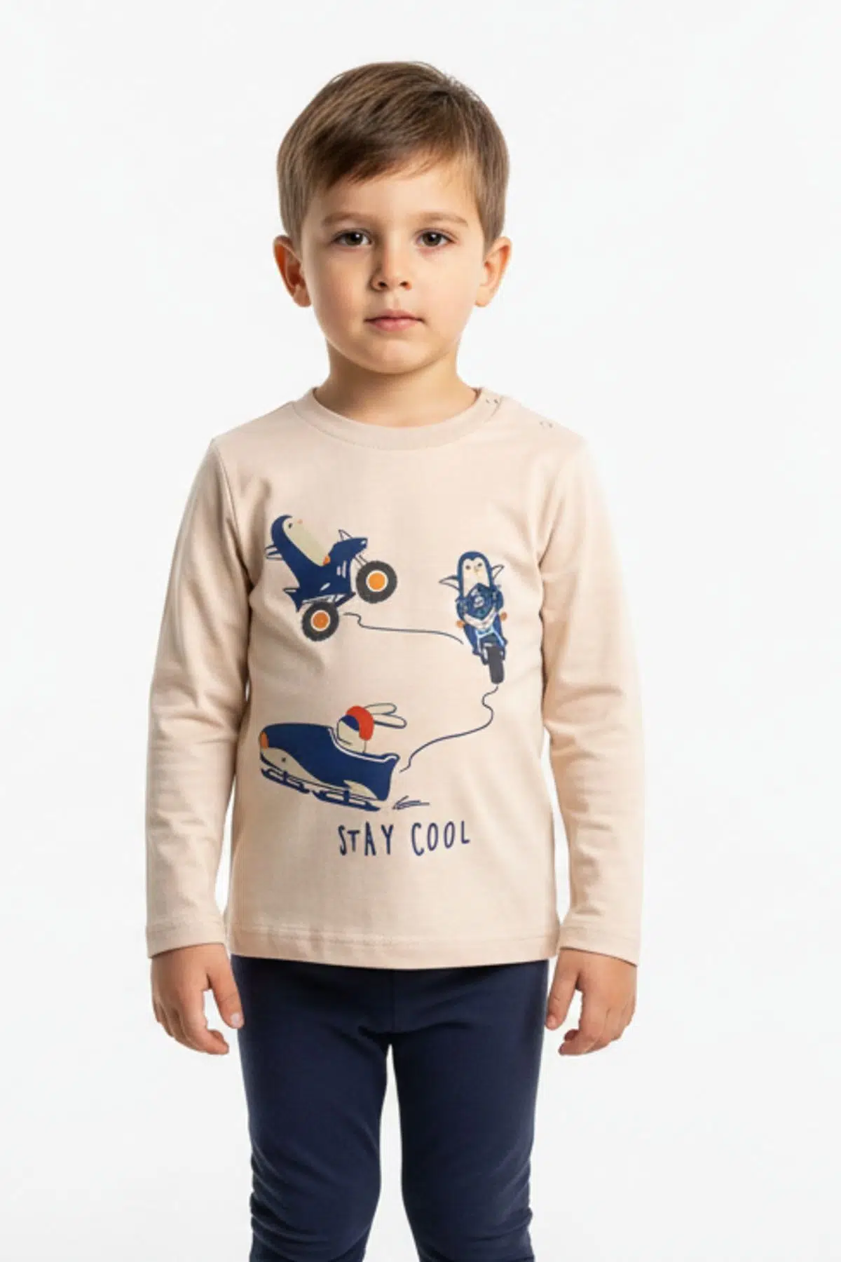 Toontoy Erkek Çocuk Penguen Baskılı Sweatshırt - Bej
