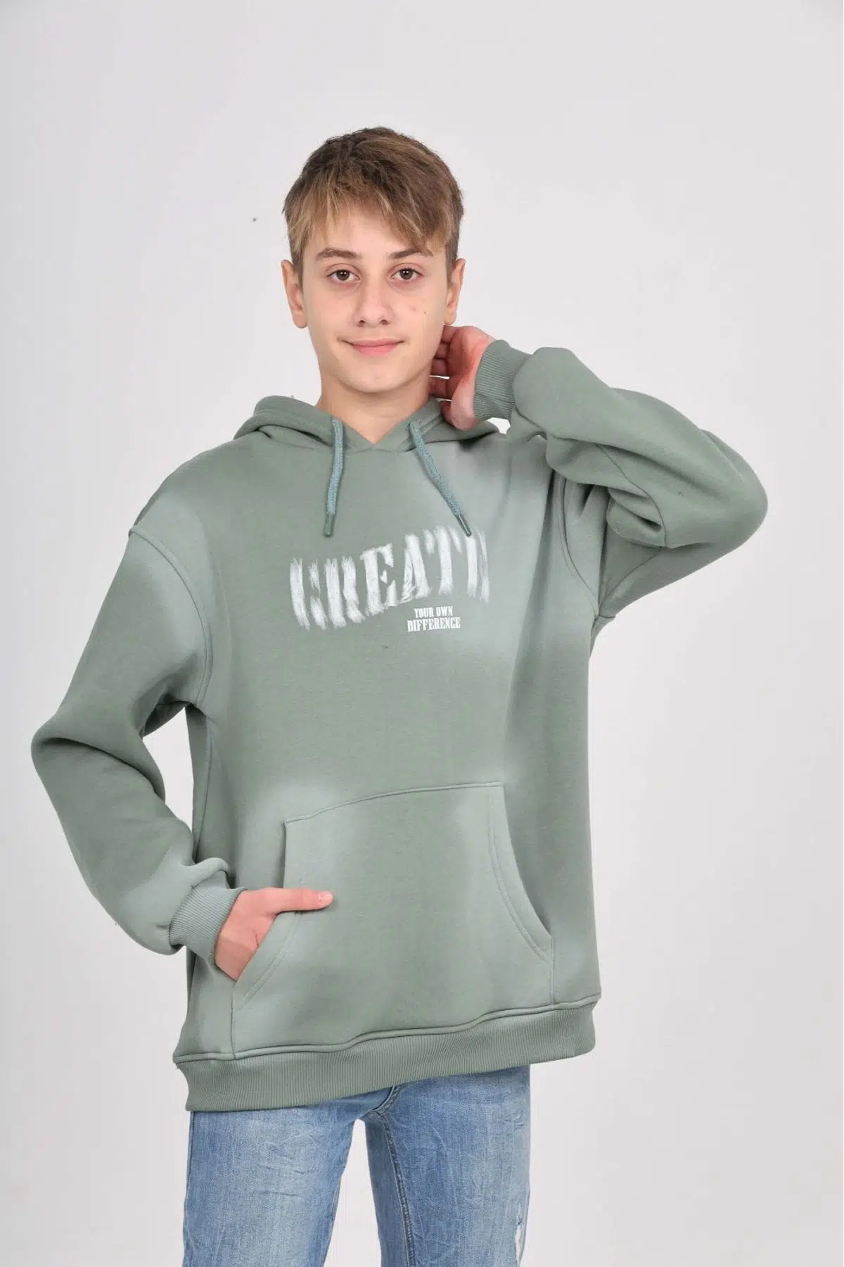 Toontoy Erkek Çocuk Relax Fit Kapüşonlu Cepli Baskılı Sweatshirt - Koyu Yeşil