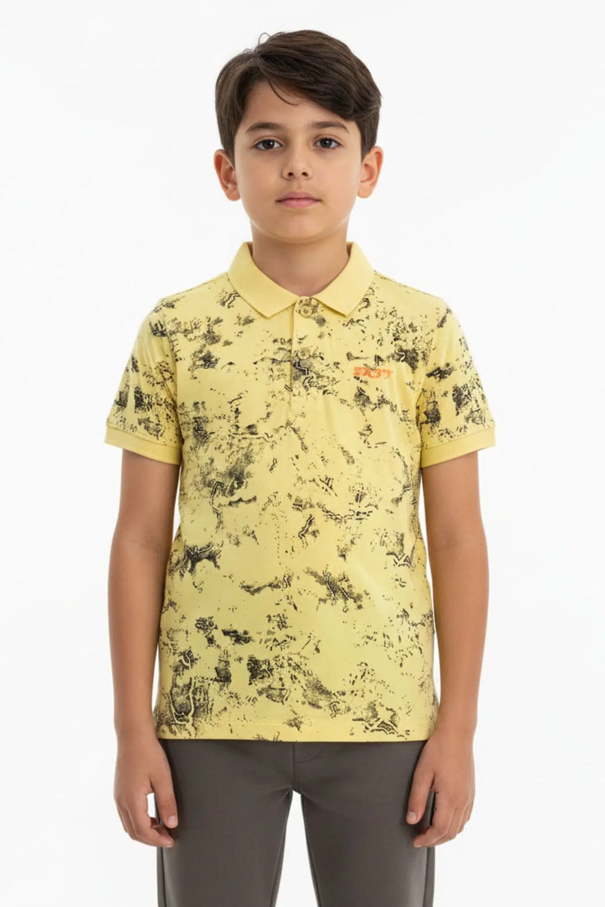 Toontoy Erkek Çocuk Polo Yaka Düğmeli Kısa Kollu Desenli Tişört 23039 - Sarı