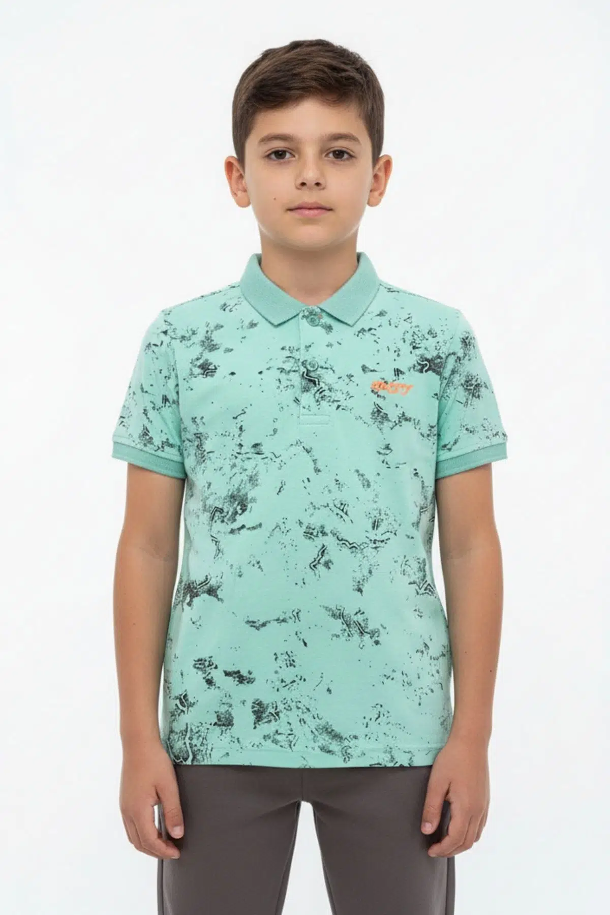 Toontoy Erkek Çocuk Polo Yaka Düğmeli Kısa Kollu Desenli Tişört 23039 - Mint Yeşili