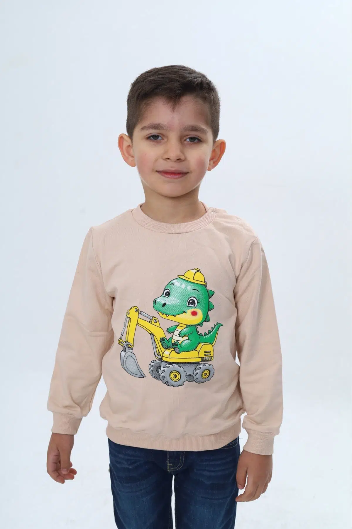 Toontoy Erkek Çocuk Relax Fit Bisiklet Yaka Omuzu Çıtçıtlı Baskılı Sweatshirt - Bej