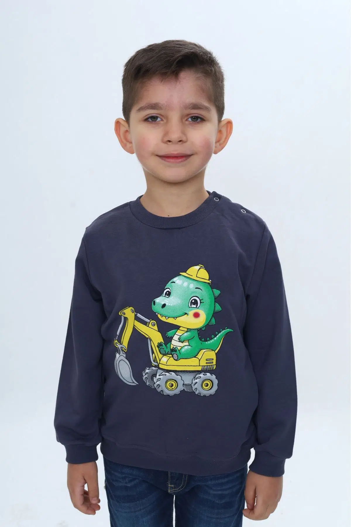 Toontoy Erkek Çocuk Relax Fit Bisiklet Yaka Omuzu Çıtçıtlı Baskılı Sweatshirt - Füme