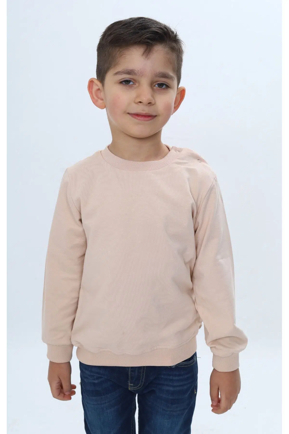 Toontoy Erkek Çocuk Relax Fit Bisiklet Yaka Omuzu Çıtçıtlı Sweatshirt - Bej