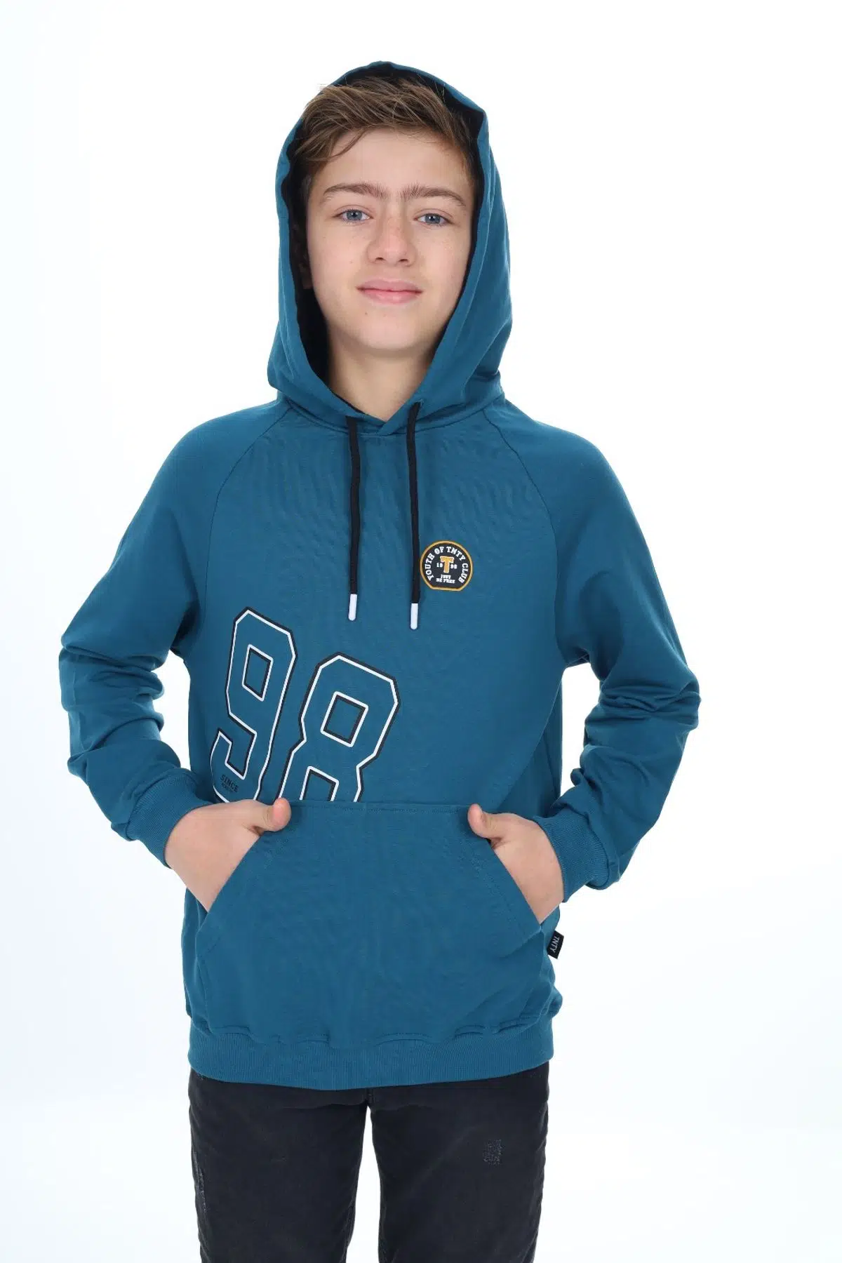 Toontoy Erkek Çocuk Relax Fit Kapüşonlu Cepli Hafif Düşük Omuz Baskılı Sweatshirt - Petrol Mavi