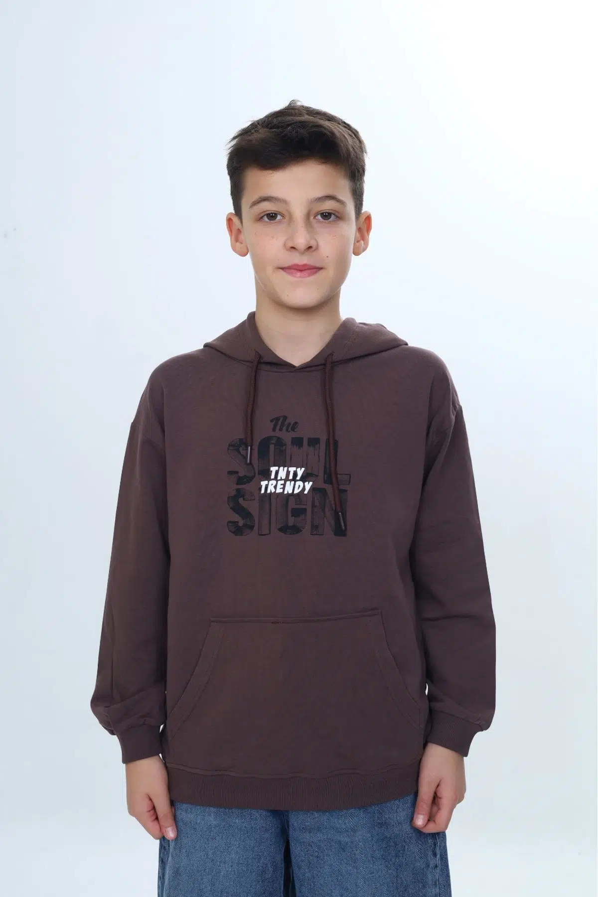 Toontoy Erkek Çocuk Relax Fit Kapüşonlu Cepli Düşük Omuz Baskılı Sweatshirt - 2 İplik - KAHVE MELANJ