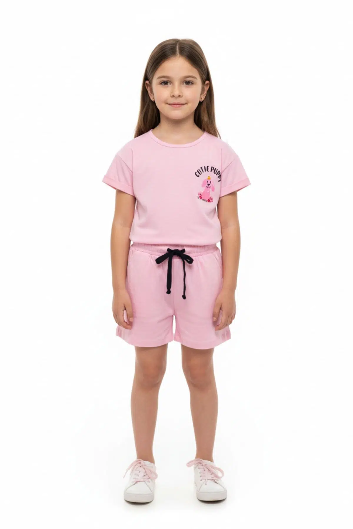 Toontoy Kız Çocuk 2'li Şortlu Takım Bisiklet Yaka Düşük Omuz Kısa Kollu Baskılı Tişört - Beli Lastikli Bağlamalı Cepli Şort 25016 - Pembe
