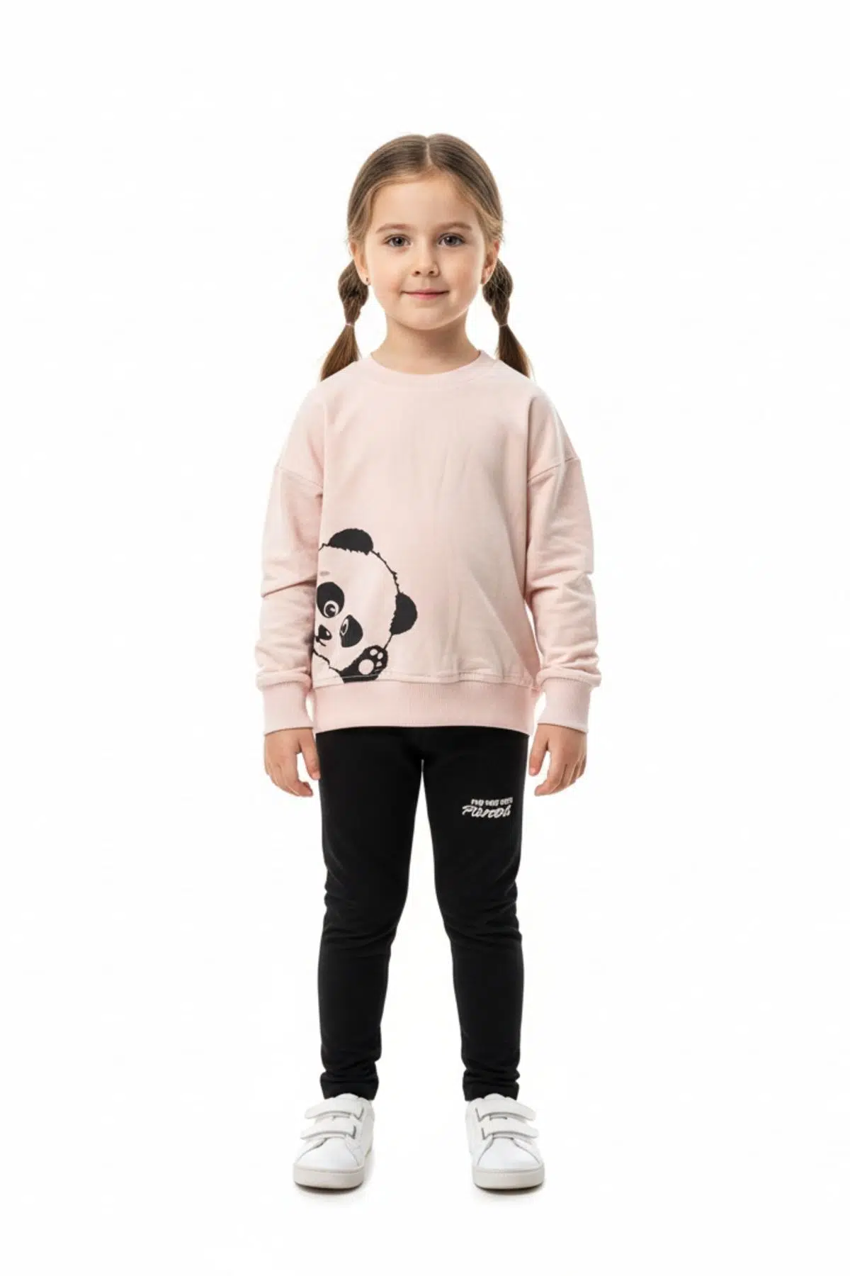 Toontoy Kız Çocuk 2'li Takım Baskılı Bisiklet Yaka Düşük Omuz Sweatshirt &amp; Basic Düz Tayt - Pudra