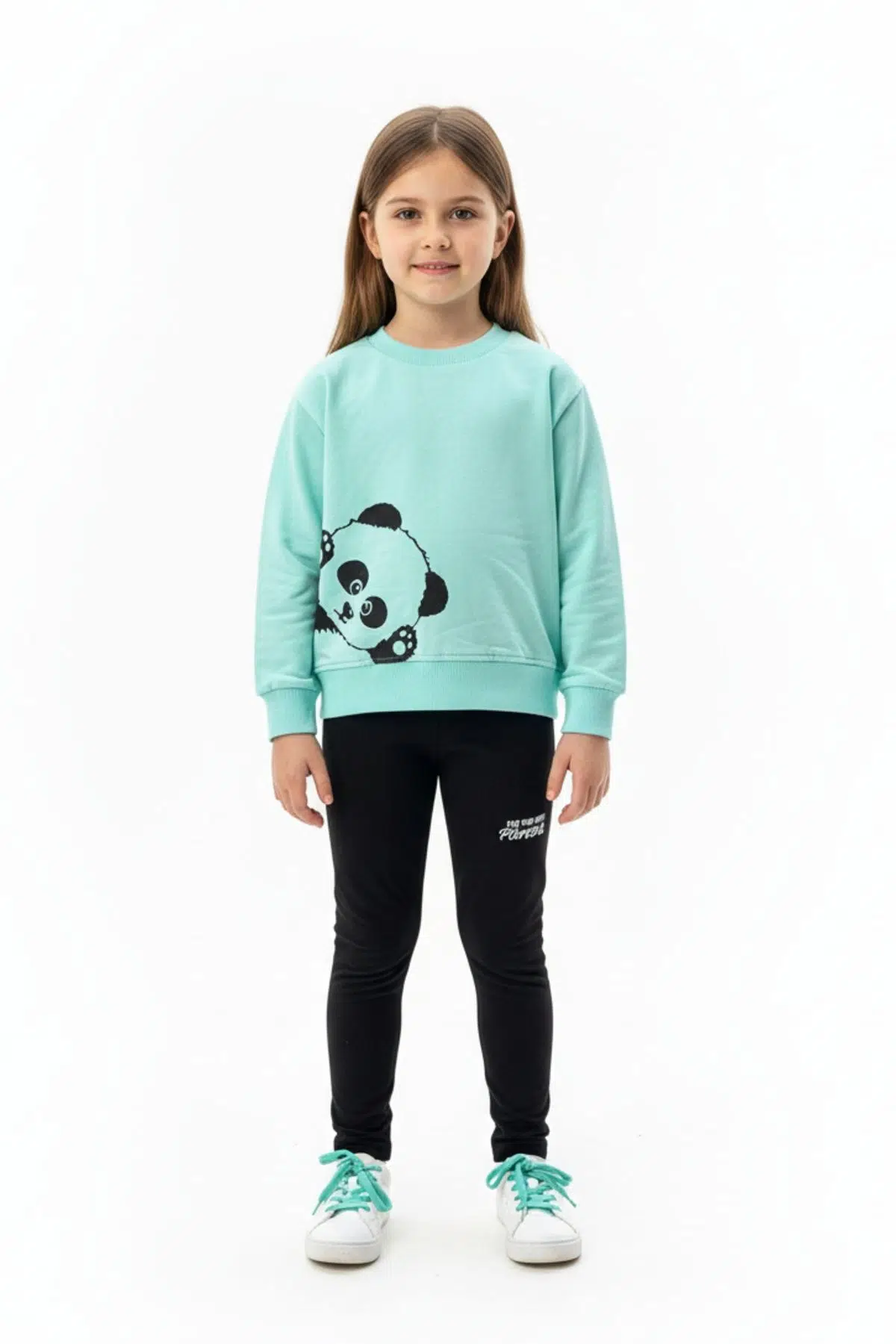 Toontoy Kız Çocuk 2'li Takım Baskılı Bisiklet Yaka Düşük Omuz Sweatshirt &amp; Basic Düz Tayt - Su Yeşili
