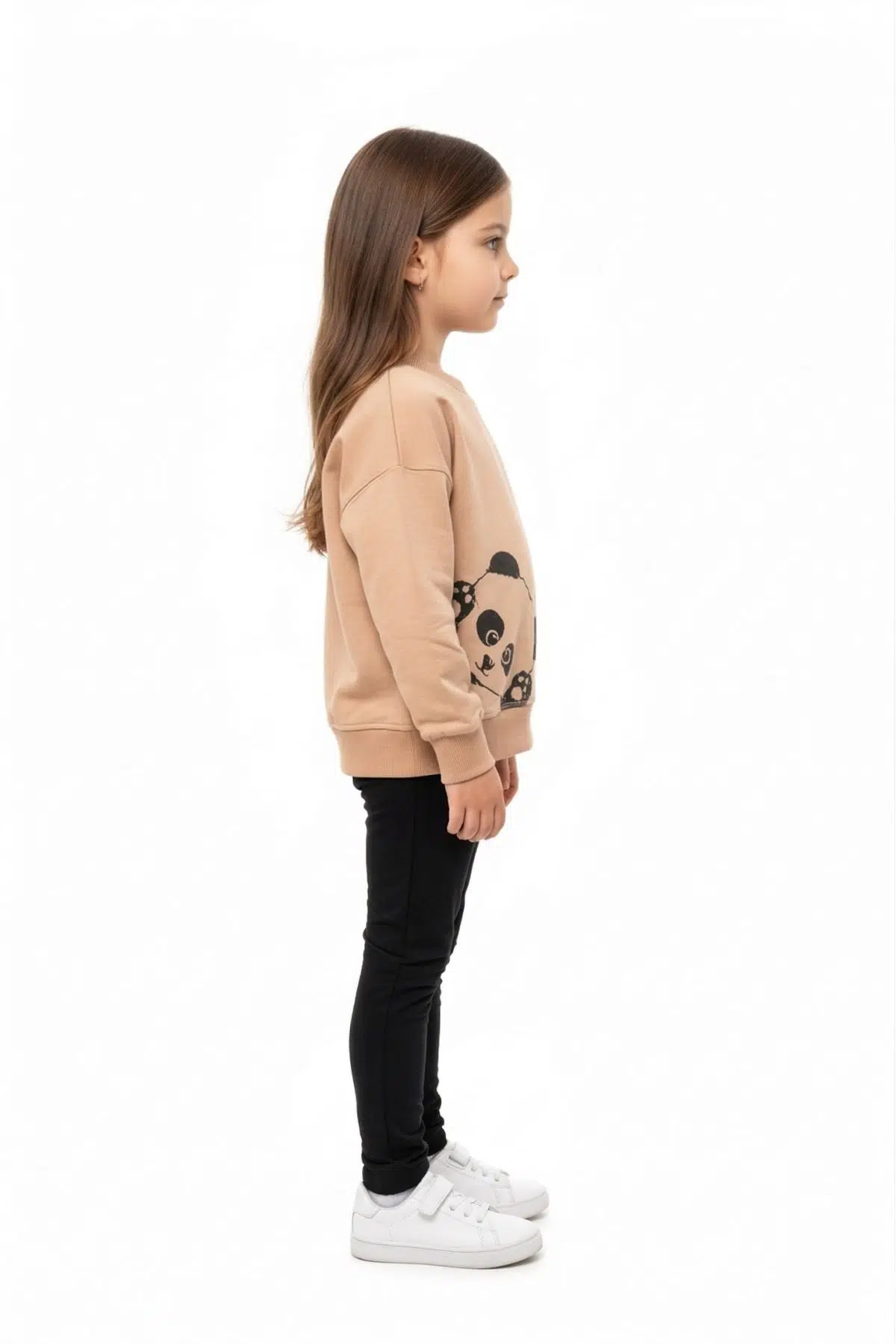 Toontoy Kız Çocuk 2'li Takım Baskılı Bisiklet Yaka Düşük Omuz Sweatshirt &amp; Basic Düz Tayt - Kahverengi