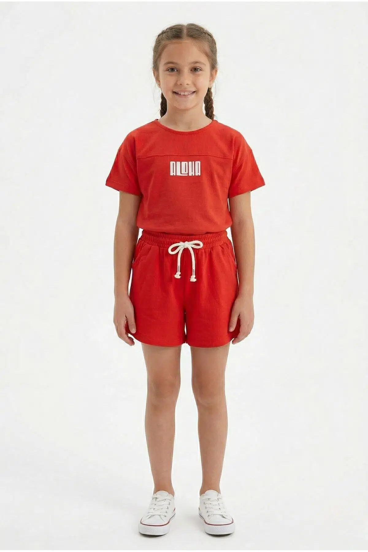 Toontoy Kız Çocuk 2'li Takım Baskılı Bisiklet Yaka T-Shirt &amp; Beli Lastikli Cepli Şort - Nar Çiçeği
