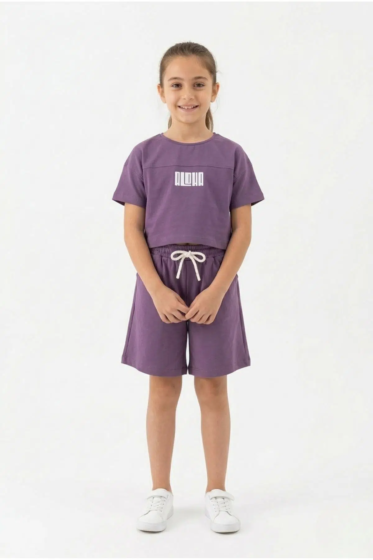 Toontoy Kız Çocuk 2'li Takım Baskılı Bisiklet Yaka T-Shirt &amp; Beli Lastikli Cepli Şort - Mor
