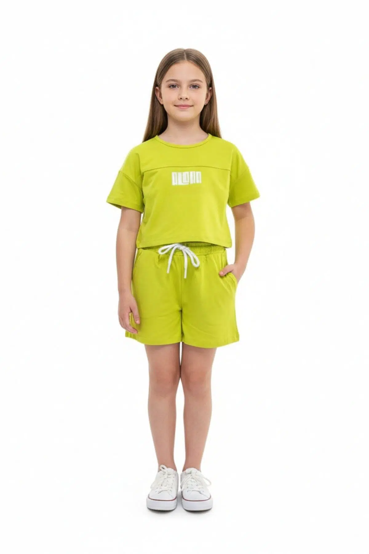 Toontoy Kız Çocuk 2'li Takım Baskılı Bisiklet Yaka T-Shirt &amp; Beli Lastikli Cepli Şort - Yeşil