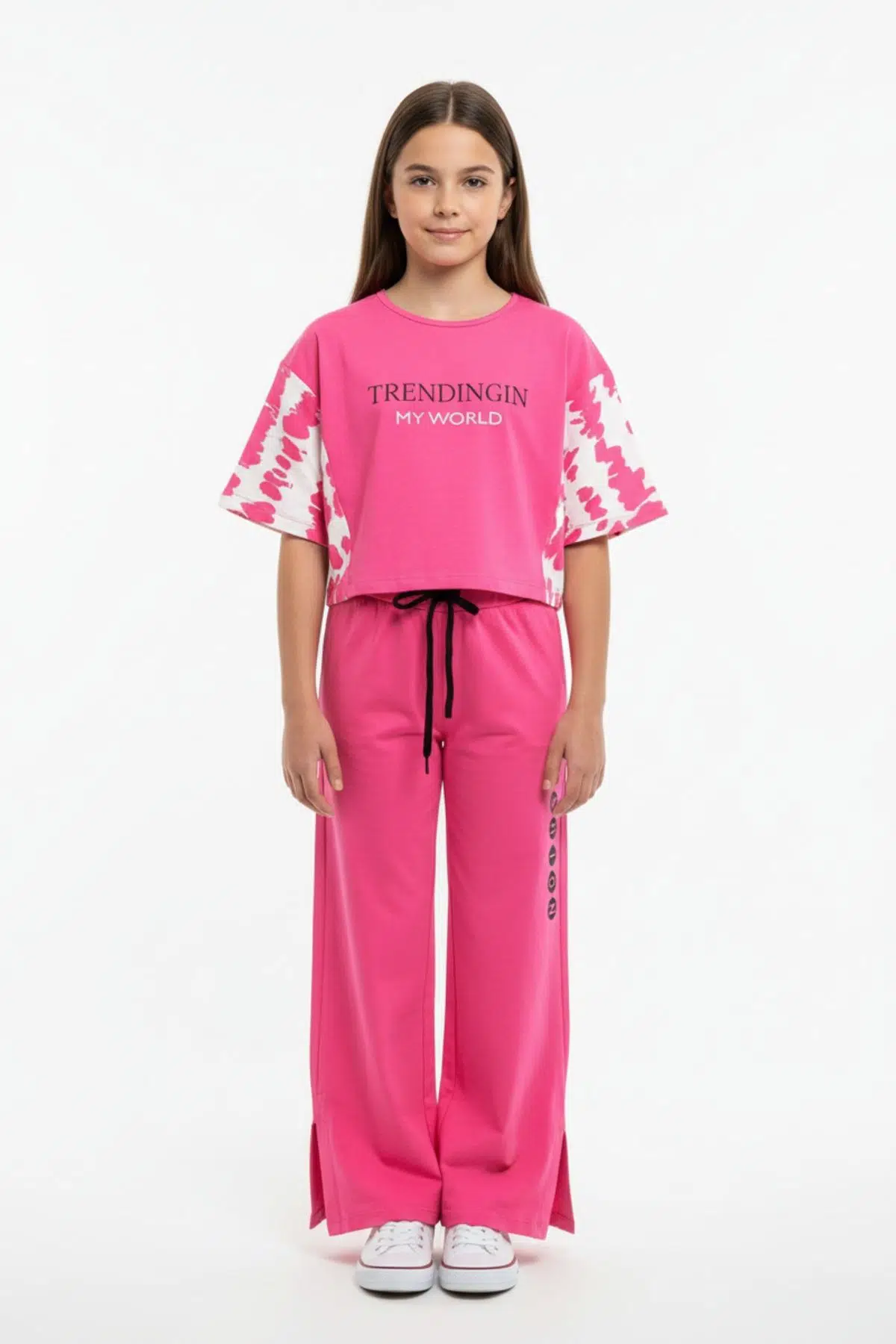 Toontoy Kız Çocuk 2'li Takım Baskılı Kısa Kollu Sweatshirt &amp; Beli Lastikli Yırtmaçlı Bol Paça Eşofman Altı - 30/1 Penye - Fuşya