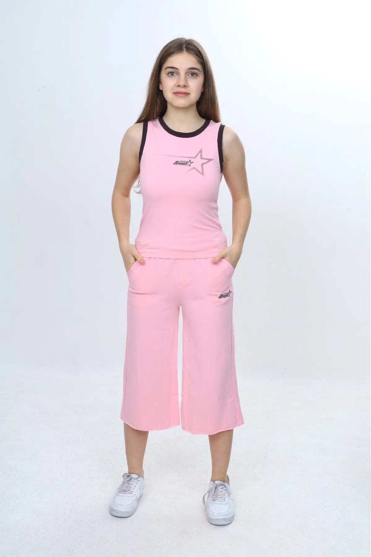 Toontoy Kız Çocuk 2'li Takım Bisiklet Yaka Baskılı Atlet &amp; Beli Lastikli Bol Paça Baskılı Kapri 24997 - Pembe