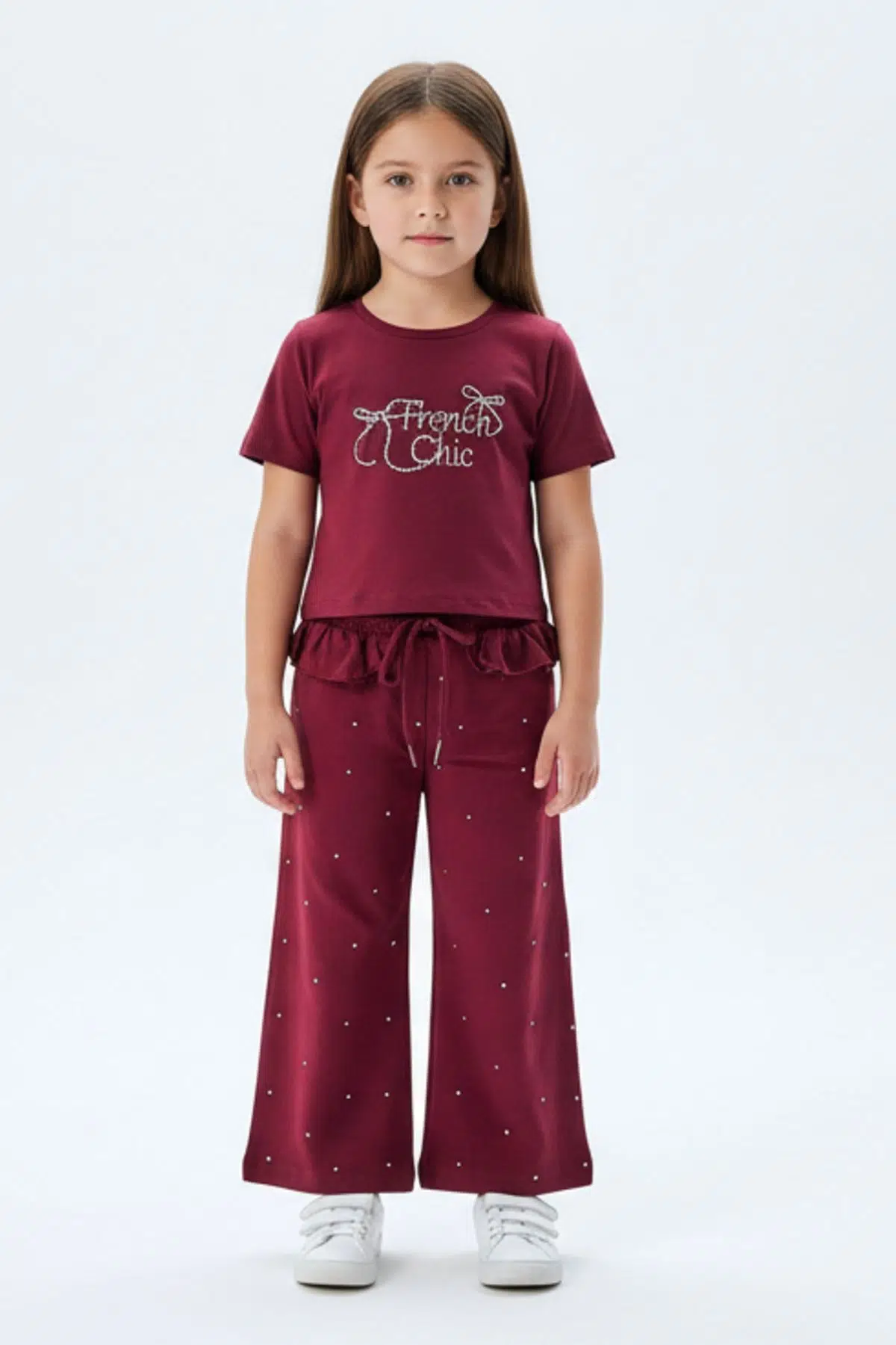 Toontoy Kız Çocuk 2'li Takım Taş İşlemi Bisiklet Yaka Kısa Kollu Tişört &amp; Taş İşlemeli Beli Lastikli Bol Paça Eşofman Altı - 2 İplik 24995 - Bordo