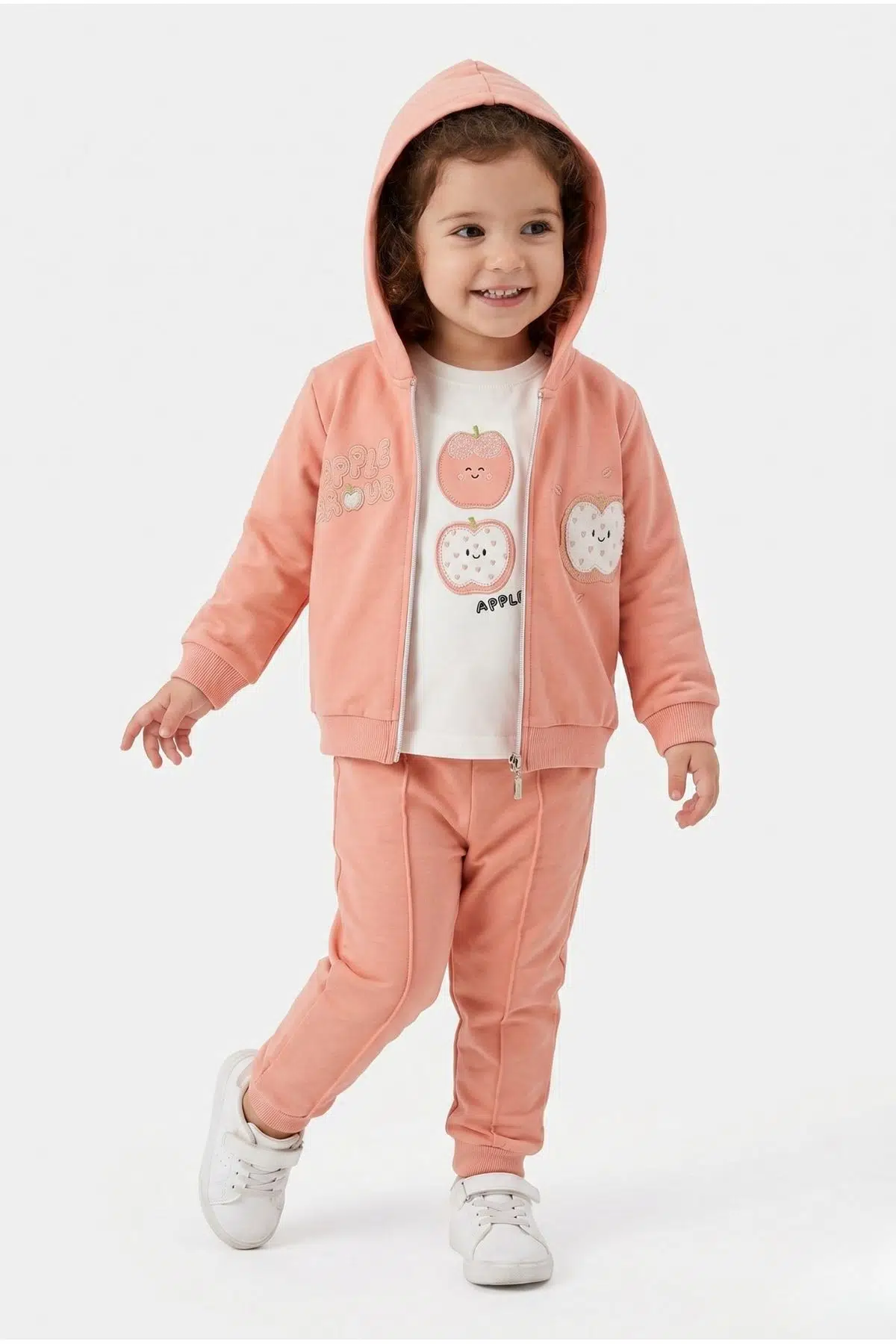 Toontoy Kız Çocuk 3'lü Eşofman Takımı Uzun Kollu Bisiklet Yaka Nakışlı T-shirt - Kapüşonlu Fermuarlı Hırka- Beli Paçası Lastikli Eşofman Altı 25040 - Koyu Pudra