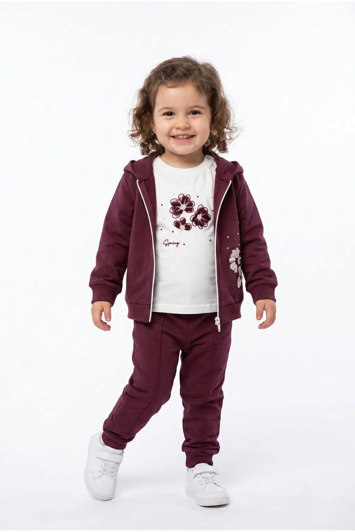 Toontoy Kız Çocuk 3'lü Eşofman Takımı Uzun Kollu Bisiklet Yaka Nakışlı T-shirt - Kapüşonlu Fermuarlı Hırka- Beli Paçası Lastikli Eşofman Altı 25042 - Mor