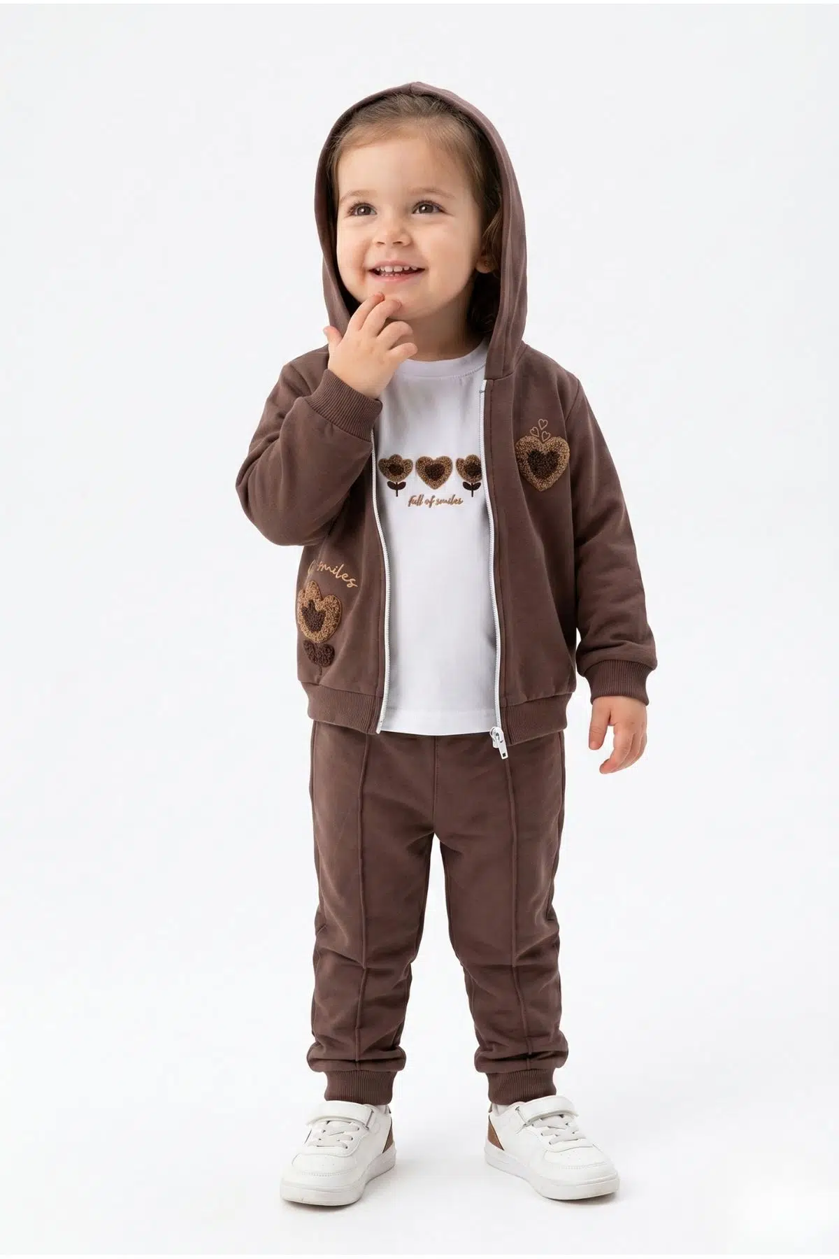 Toontoy Kız Çocuk 3'lü Eşofman Takımı Uzun Kollu Bisiklet Yaka Nakışlı T-shirt - Kapüşonlu Fermuarlı Hırka- Beli Paçası Lastikli Eşofman Altı 25041 - Kahve